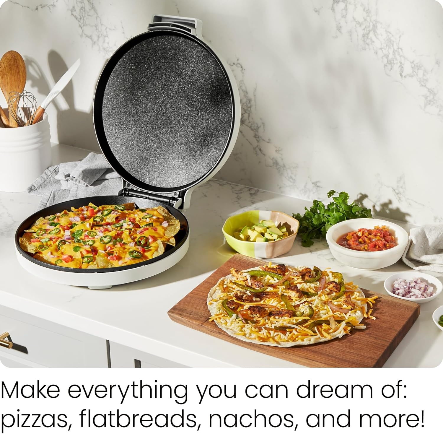 image:imageChefman Everything Maker amp Pizza Oven 1440W Countertop Electric Pizza Maker with 12 Nonstick Cooking Plates Plus Makes Quesadillas Omelettes and More with Indicator Lights and Vertical StorageConcrete
