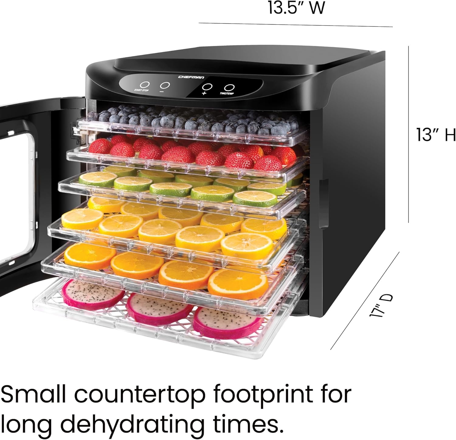 image:imageChefman Food Dehydrator Machine Touch Screen Electric MultiTier Preserver Meat or Beef Jerky Maker Fruit Leather Vegetable Dryer w 6 Slide Out Drying Rack Trays amp Transparent Door Black6 Tray