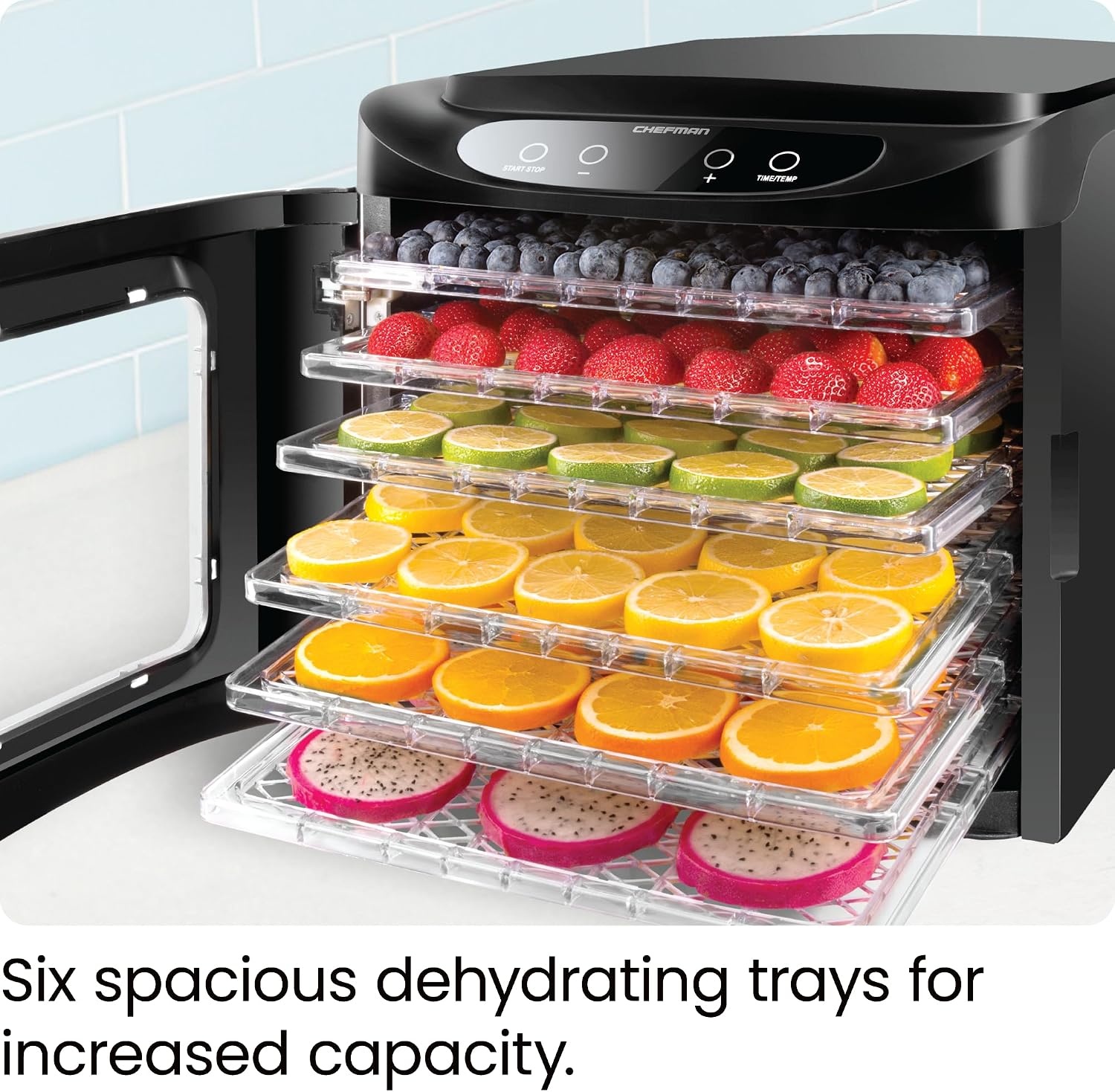 image:imageChefman Food Dehydrator Machine Touch Screen Electric MultiTier Preserver Meat or Beef Jerky Maker Fruit Leather Vegetable Dryer w 6 Slide Out Drying Rack Trays amp Transparent Door Black6 Tray