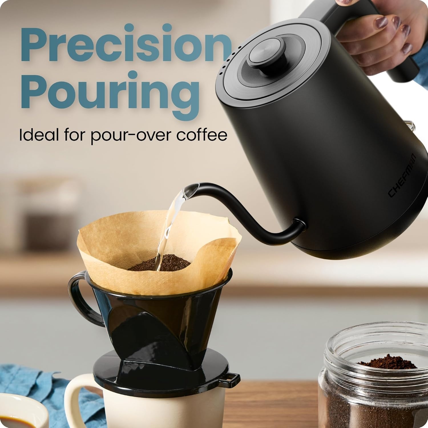 image:imageChefman Gooseneck Electric Kettle 08L Pour Over Tea Kettle for Coffee and Tea OneTouch Operation BoilDry Protection Auto ShutOff UltraFast Hot Water Boiler BlackBlack