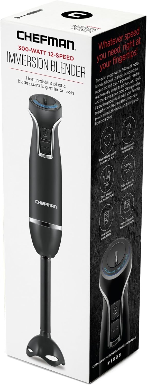 image:imageChefman Immersion Blender 300Watt Turbo 12 Speed Stick Hand Blender Powerful Ice Crushing Design Purees Smoothies Sauces amp Soups Detachable Heat Resistant Plastic Blade Guard Protects Pots Black