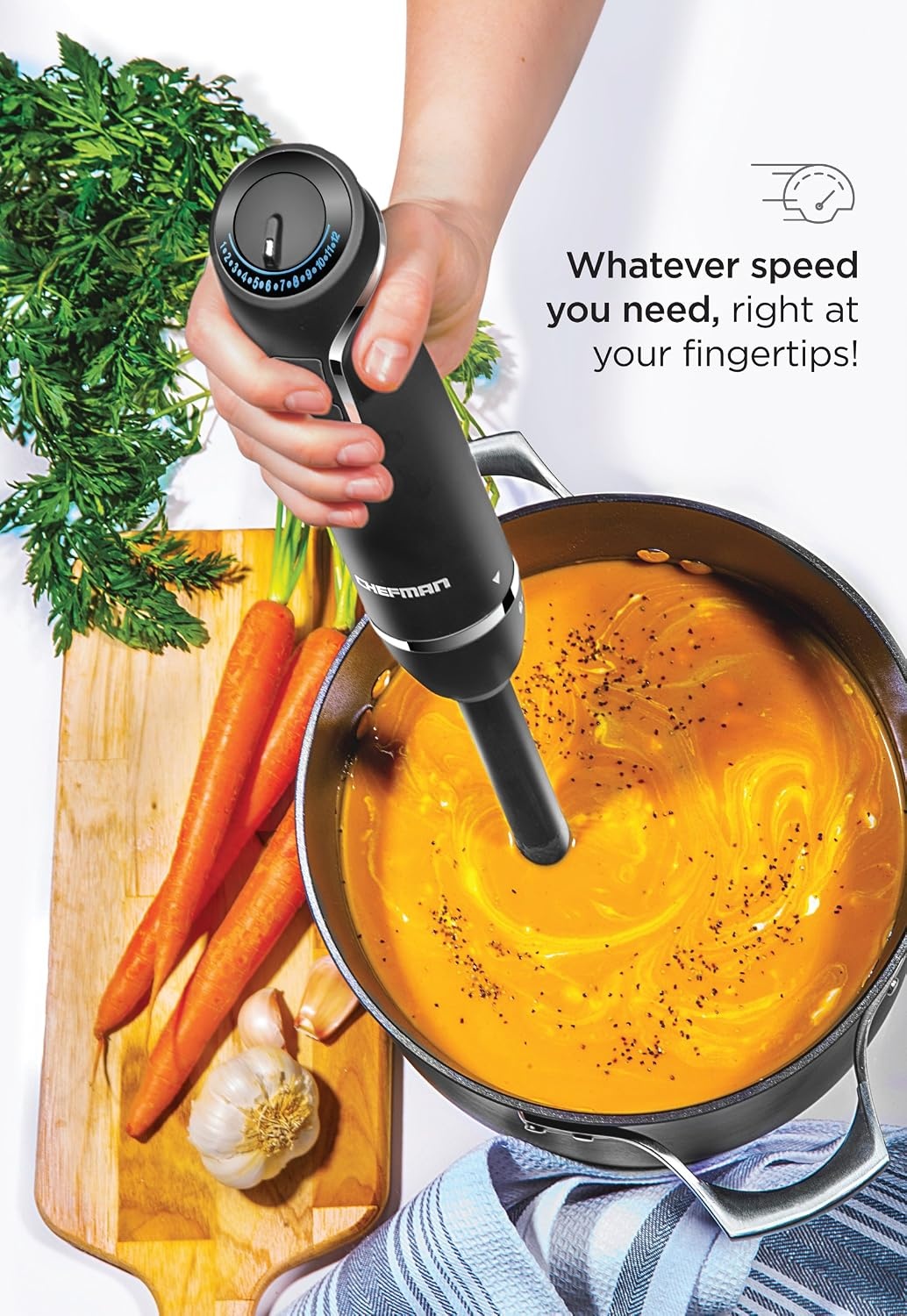 image:imageChefman Immersion Blender 300Watt Turbo 12 Speed Stick Hand Blender Powerful Ice Crushing Design Purees Smoothies Sauces amp Soups Detachable Heat Resistant Plastic Blade Guard Protects Pots Black