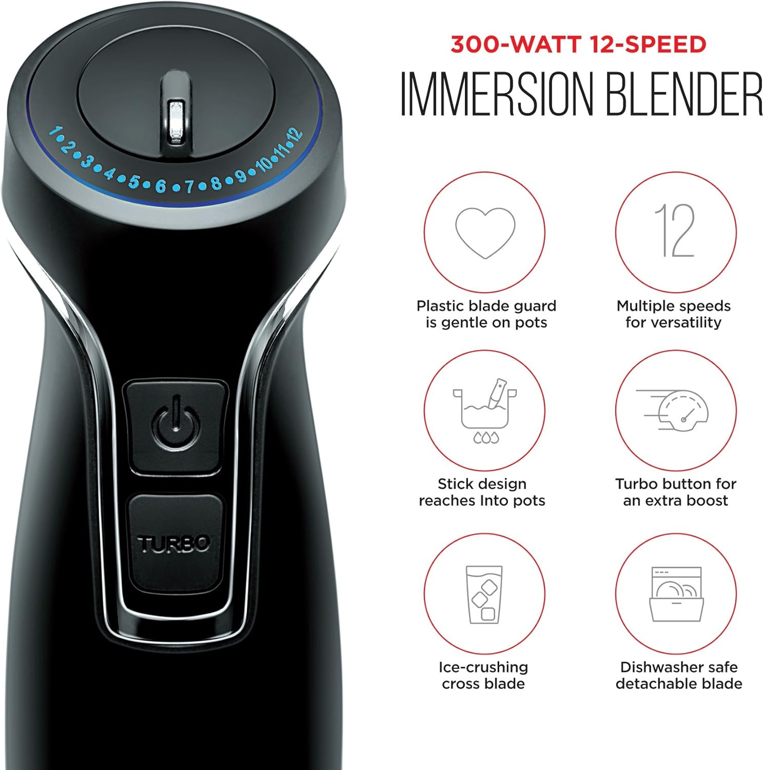 image:imageChefman Immersion Blender 300Watt Turbo 12 Speed Stick Hand Blender Powerful Ice Crushing Design Purees Smoothies Sauces amp Soups Detachable Heat Resistant Plastic Blade Guard Protects Pots Black