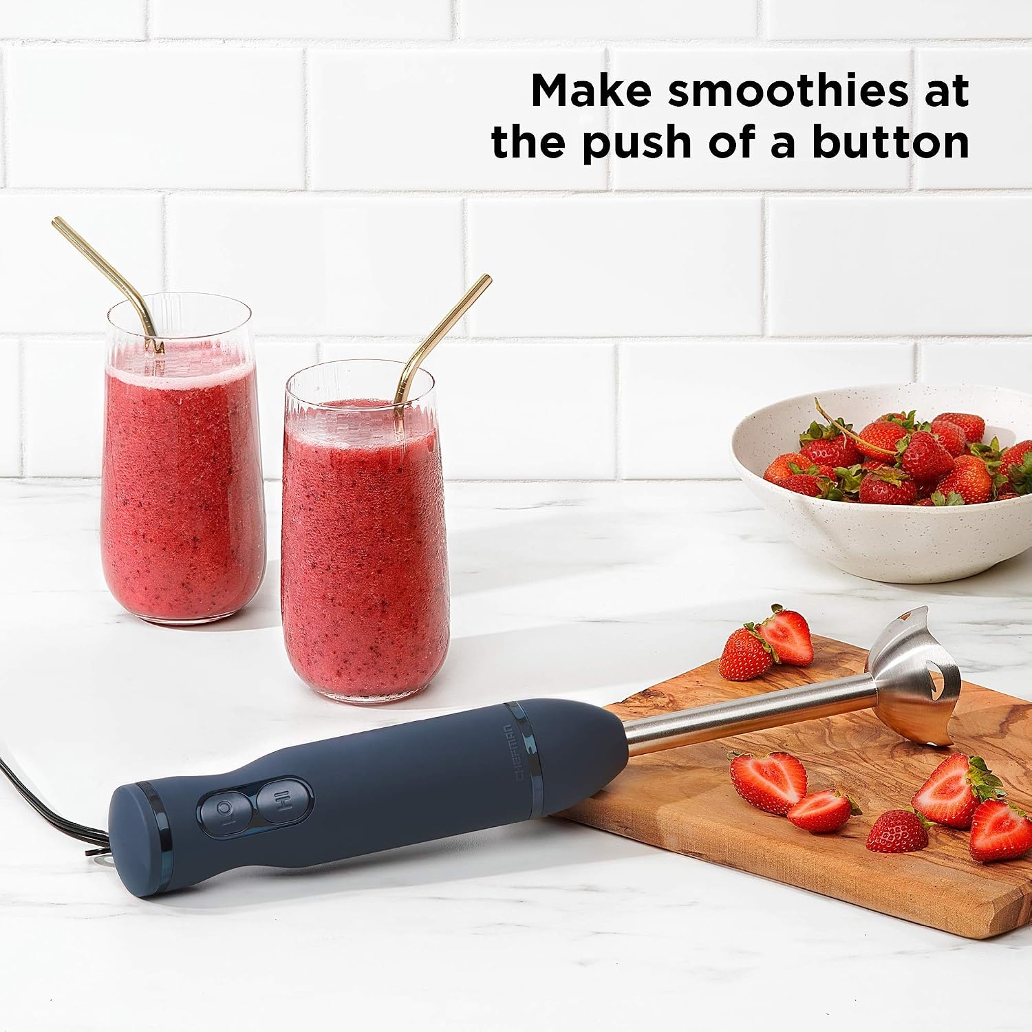 image:imageChefman Immersion Stick Hand Blender with Stainless Steel Blades Powerful Electric Ice Crushing 2Speed Control Handheld Food Mixer Purees Smoothies Shakes Sauces amp Soups GreyMidnight Blue