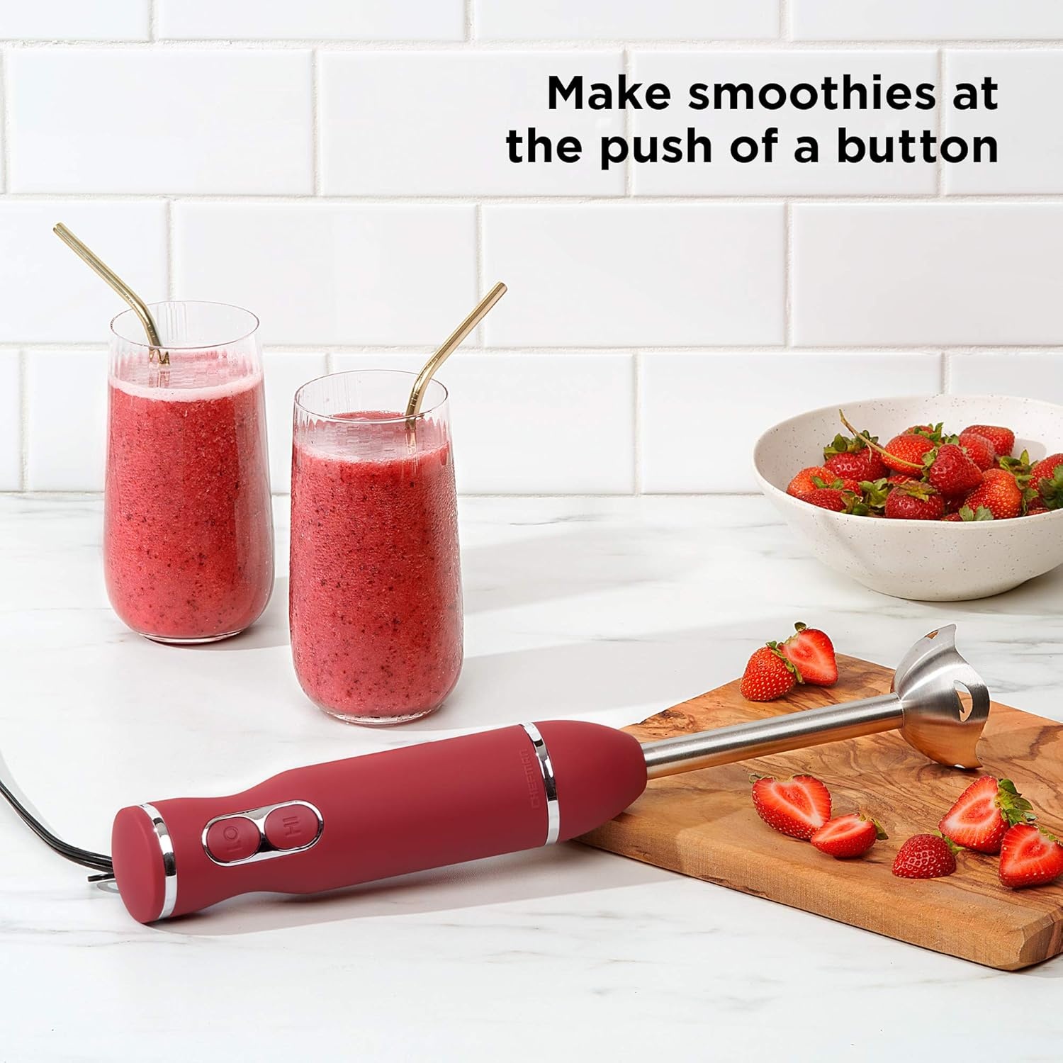 image:imageChefman Immersion Stick Hand Blender with Stainless Steel Blades Powerful Electric Ice Crushing 2Speed Control Handheld Food Mixer Purees Smoothies Shakes Sauces amp Soups GreyRed