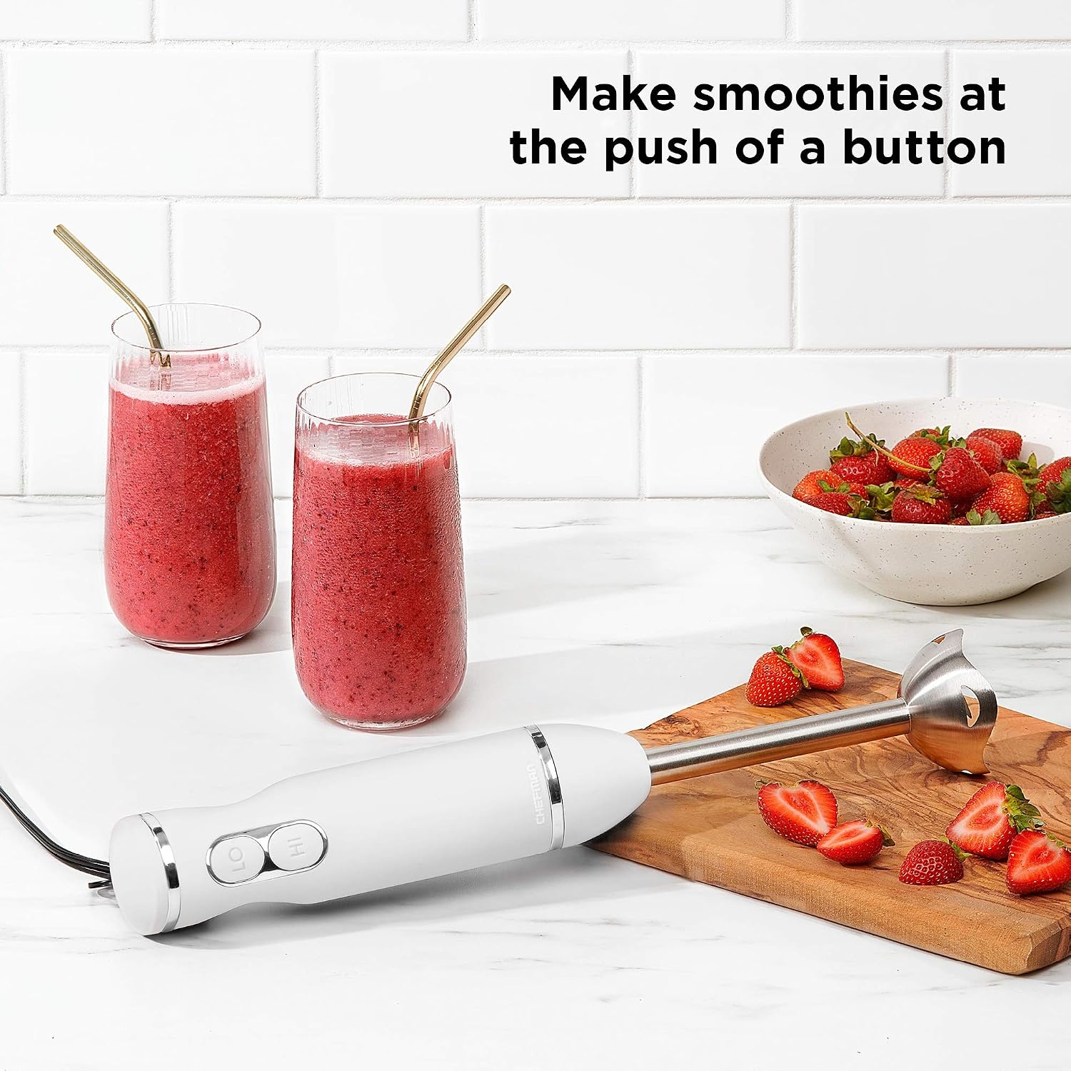 image:imageChefman Immersion Stick Hand Blender with Stainless Steel Blades Powerful Electric Ice Crushing 2Speed Control Handheld Food Mixer Purees Smoothies Shakes Sauces amp Soups GreyIvory
