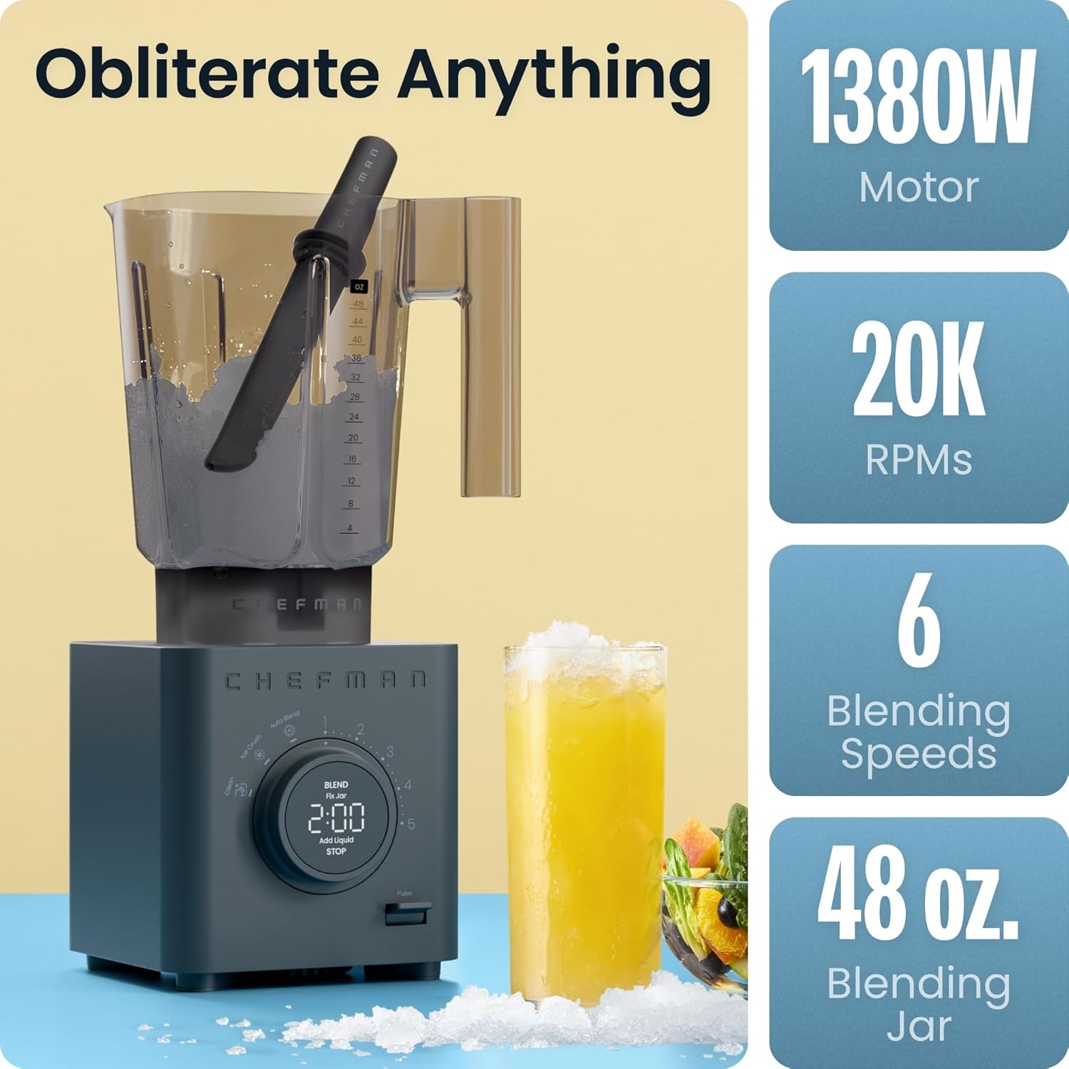 image:imageChefman Obliterator 48 oz Countertop Blender for Smoothies 1380W Motor to Crush Ice Nuts and Frozen Fruit with Stainless Steel Blade Auto Blend Function Includes 20 oz Travel JarMidnight
