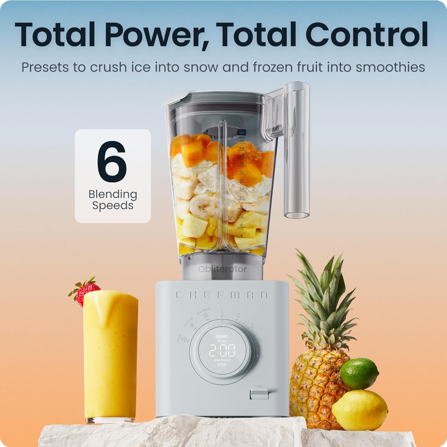 image:imageChefman Obliterator 48 oz Countertop Blender for Smoothies 1380W Motor to Crush Ice Nuts and Frozen Fruit with Stainless Steel Blade Auto Blend Function Includes 20 oz Travel JarConcrete