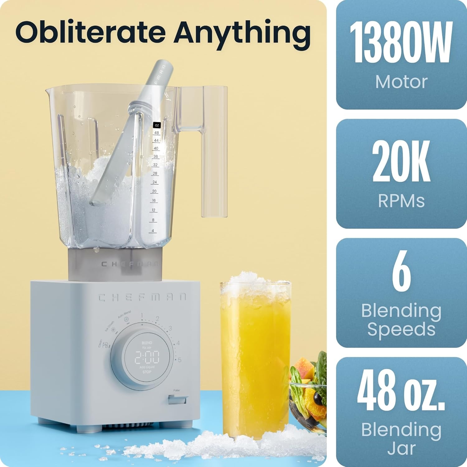 image:imageChefman Obliterator 48 oz Countertop Blender for Smoothies 1380W Motor to Crush Ice Nuts and Frozen Fruit with Stainless Steel Blade Auto Blend Function Includes 20 oz Travel JarConcrete