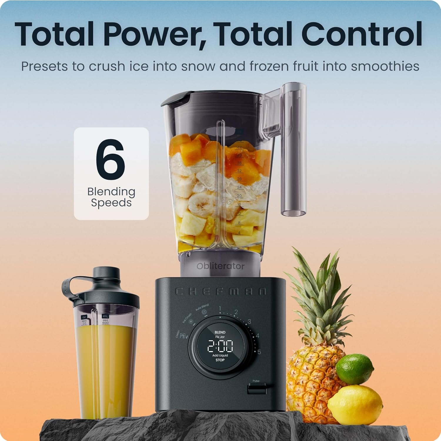 image:imageChefman Obliterator 48 oz Countertop Blender for Smoothies 1380W Motor to Crush Ice Nuts and Frozen Fruit with Stainless Steel Blade Auto Blend Function Includes 20 oz Travel JarMidnight