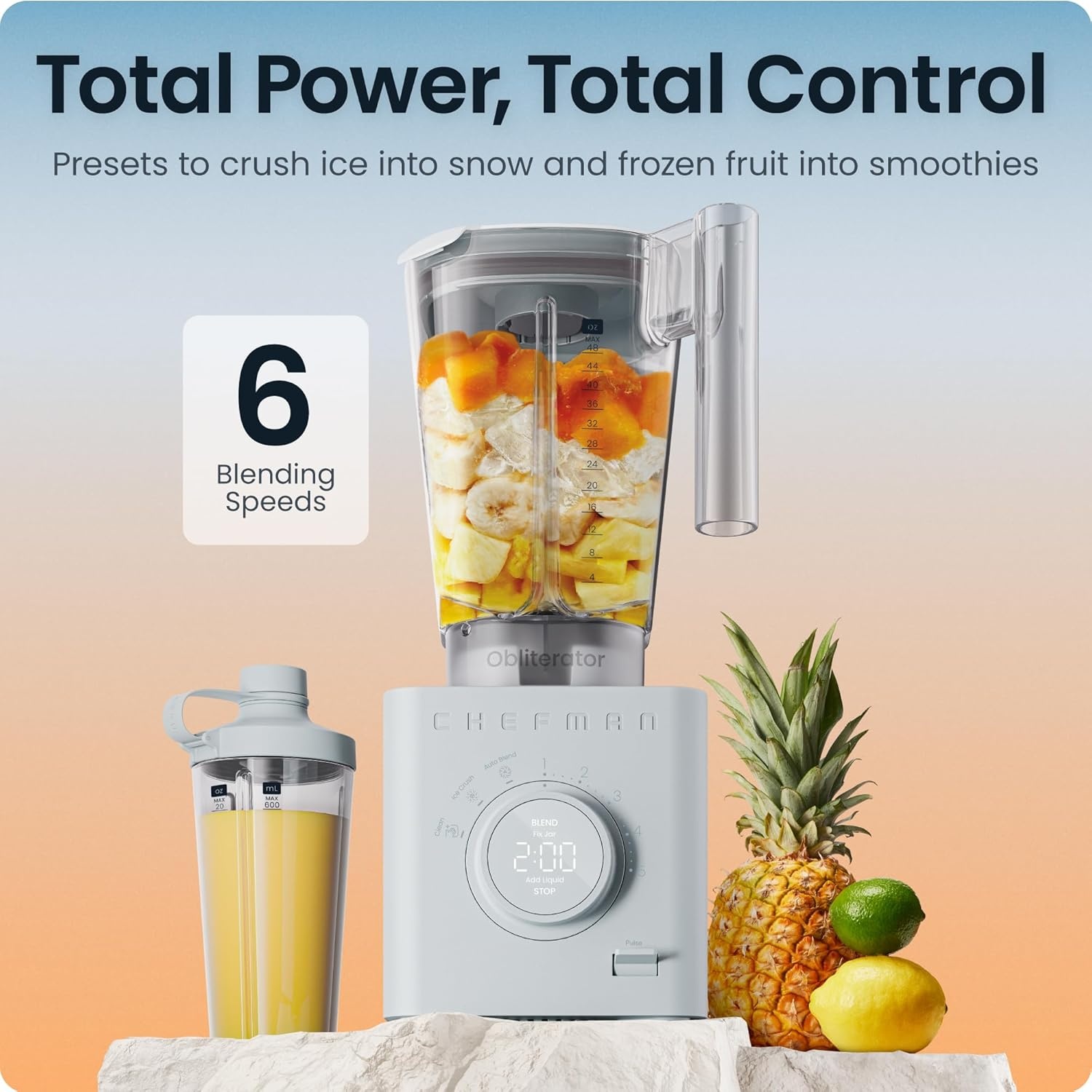 image:imageChefman Obliterator 48 oz Countertop Blender for Smoothies 1380W Motor to Crush Ice Nuts and Frozen Fruit with Stainless Steel Blade Auto Blend Function Includes 20 oz Travel JarConcrete