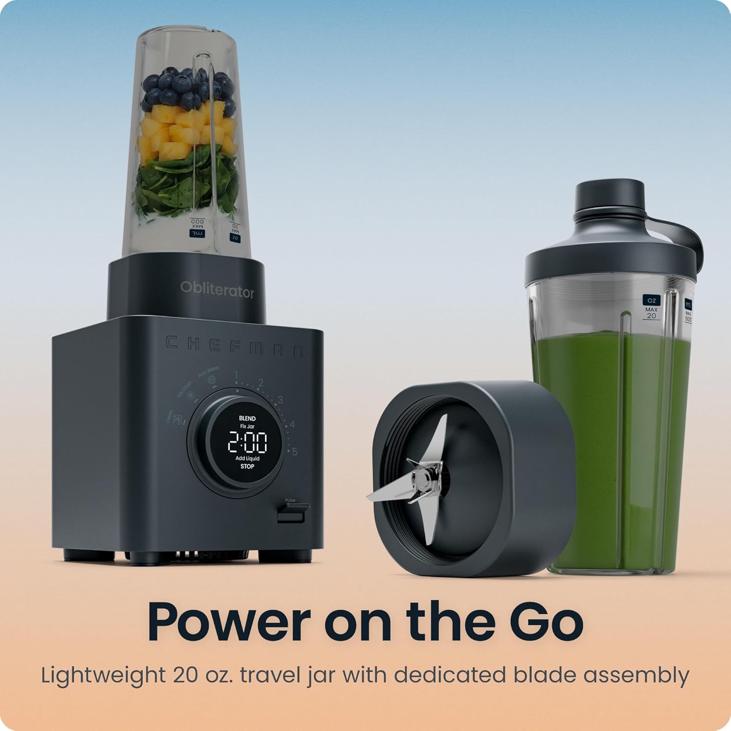 image:imageChefman Obliterator 48 oz Countertop Blender for Smoothies 1380W Motor to Crush Ice Nuts and Frozen Fruit with Stainless Steel Blade Auto Blend Function Includes 20 oz Travel JarMidnight