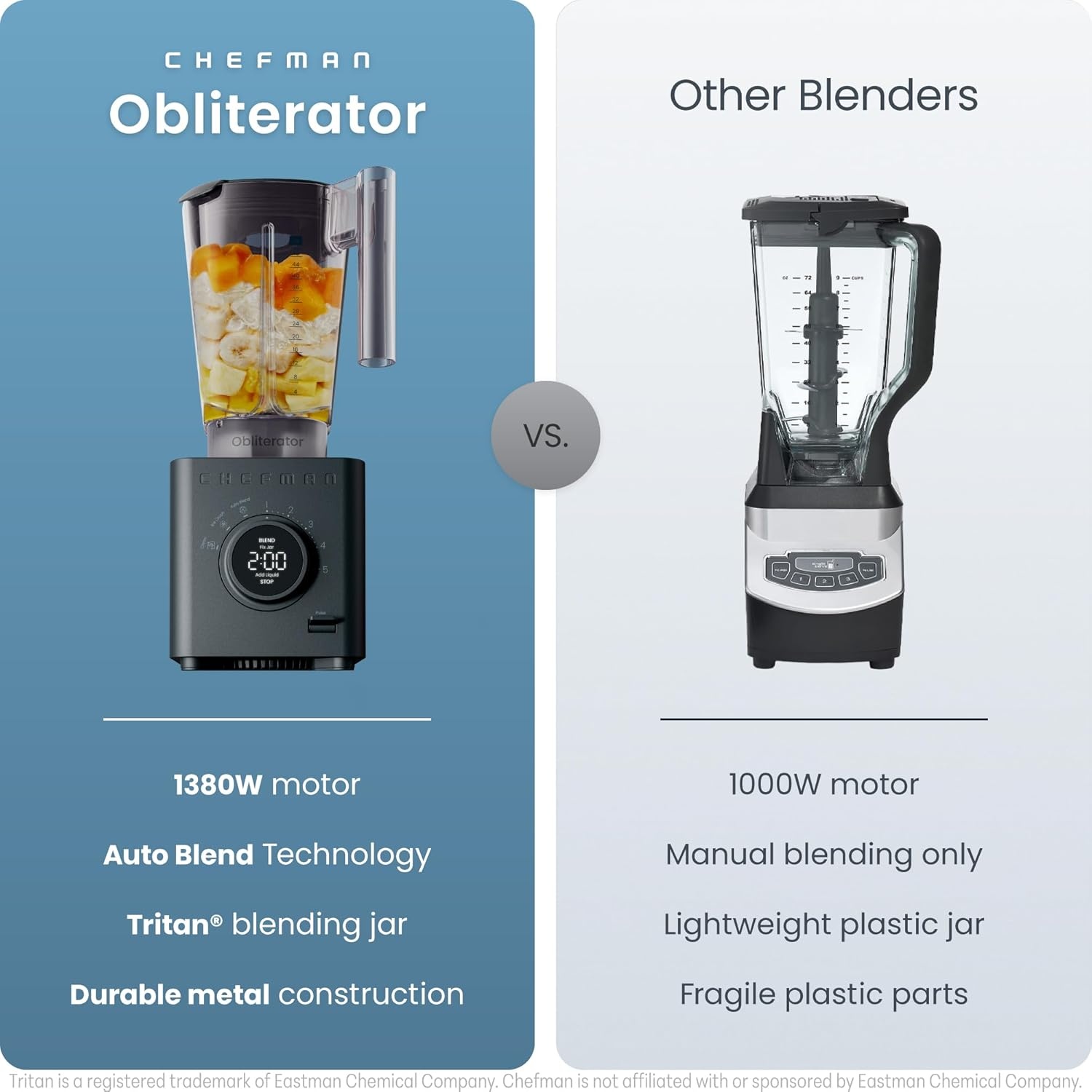 image:imageChefman Obliterator 48 oz Countertop Blender for Smoothies 1380W Motor to Crush Ice Nuts and Frozen Fruit with Stainless Steel Blade Auto Blend Function Includes 20 oz Travel JarMidnight