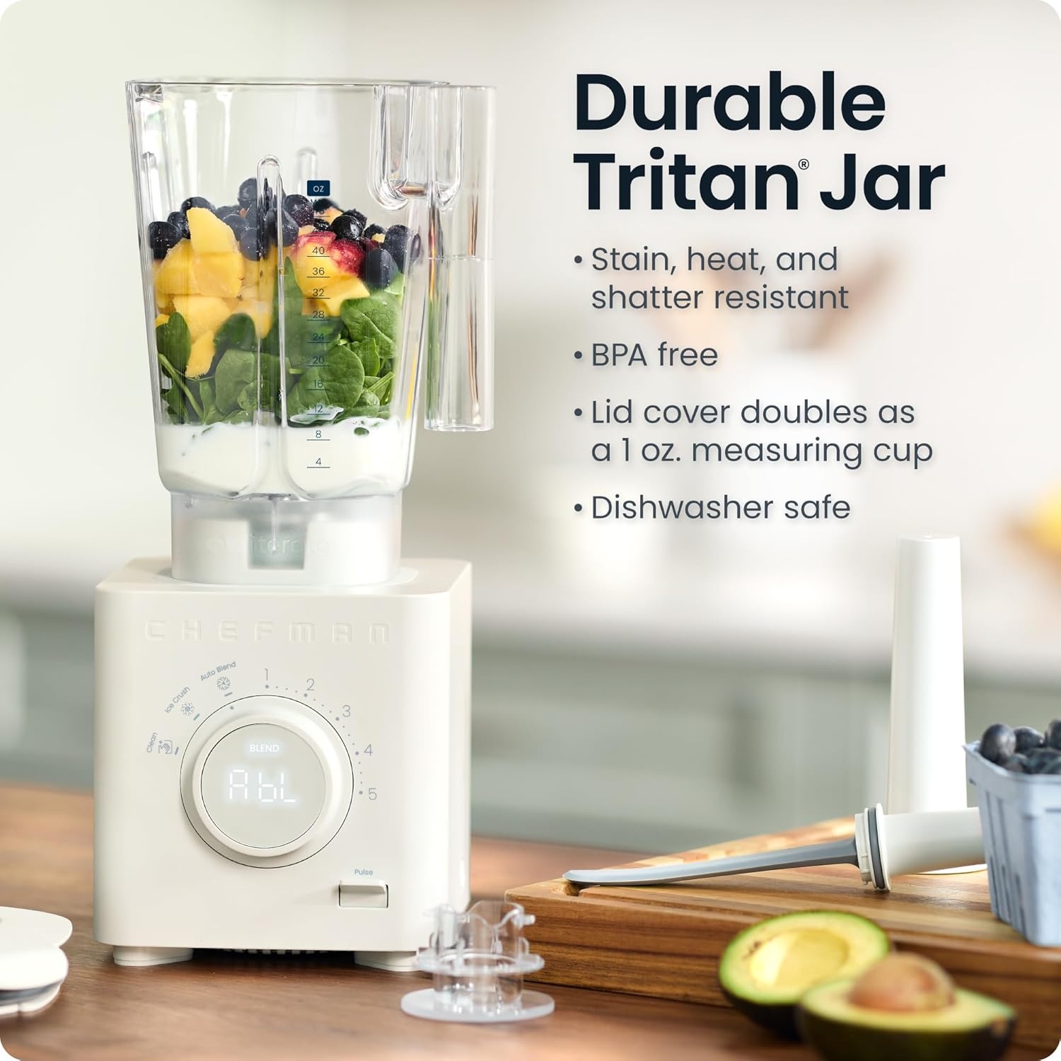 image:imageChefman Obliterator 48 oz Countertop Blender for Smoothies 1380W Motor to Crush Ice Nuts and Frozen Fruit with Stainless Steel Blade Auto Blend Function Includes 20 oz Travel JarConcrete
