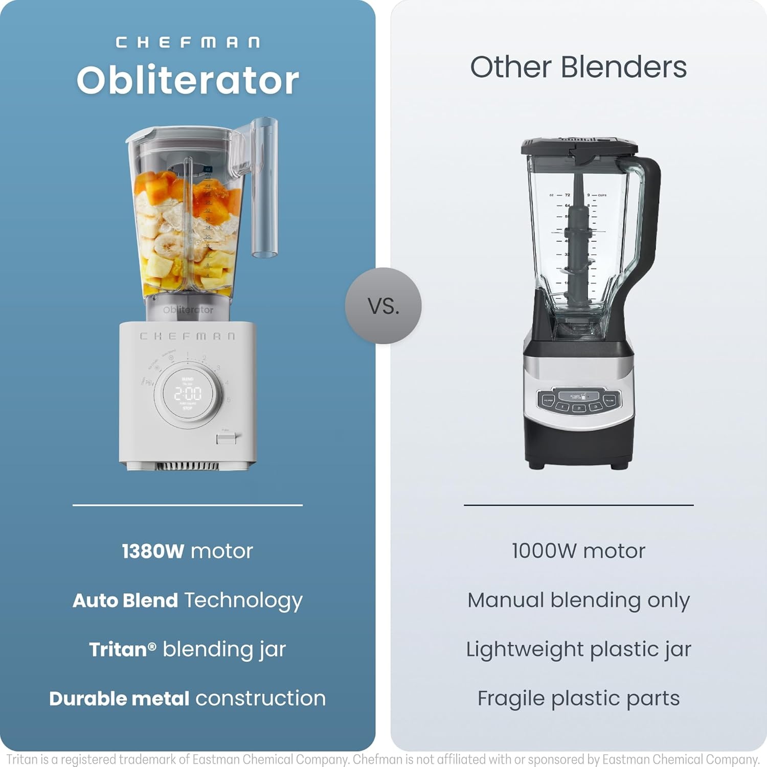 image:imageChefman Obliterator 48 oz Countertop Blender for Smoothies 1380W Motor to Crush Ice Nuts and Frozen Fruit with Stainless Steel Blade Auto Blend Function Includes 20 oz Travel JarConcrete