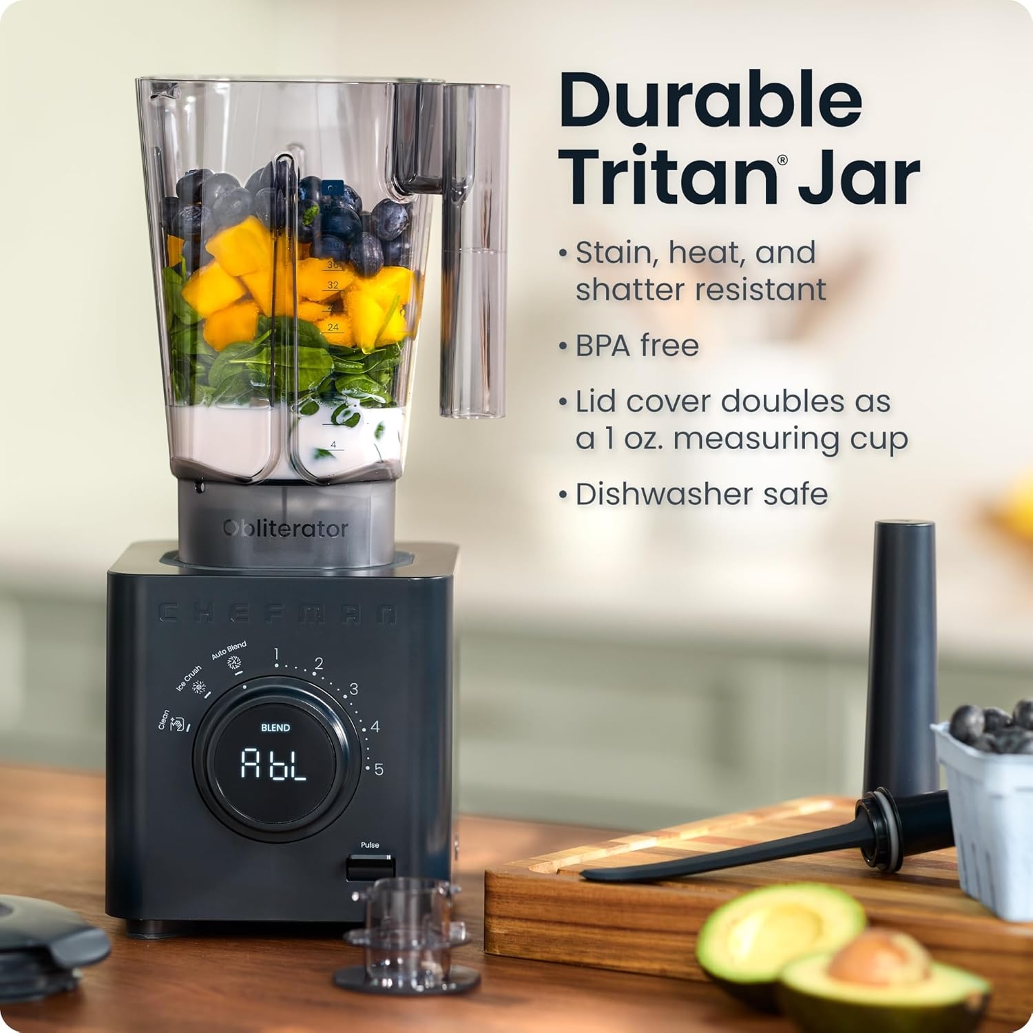 image:imageChefman Obliterator 48 oz Countertop Blender for Smoothies 1380W Motor to Crush IceNuts amp Frozen Fruit with Stainless Steel Blade Auto Blend Function Includes Tamper amp ScraperMIDNIGHTPack of 1
