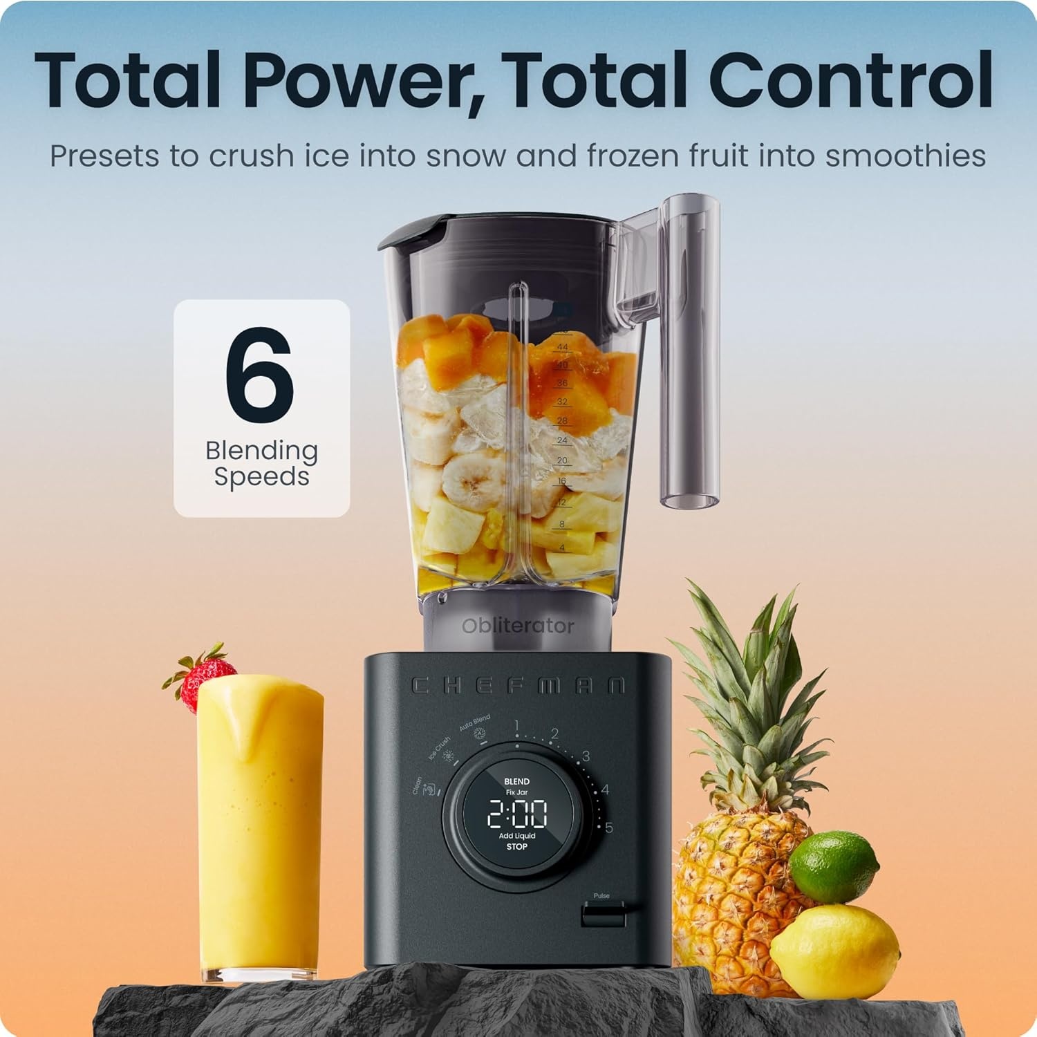 image:imageChefman Obliterator 48 oz Countertop Blender for Smoothies 1380W Motor to Crush IceNuts amp Frozen Fruit with Stainless Steel Blade Auto Blend Function Includes Tamper amp ScraperMIDNIGHTPack of 1