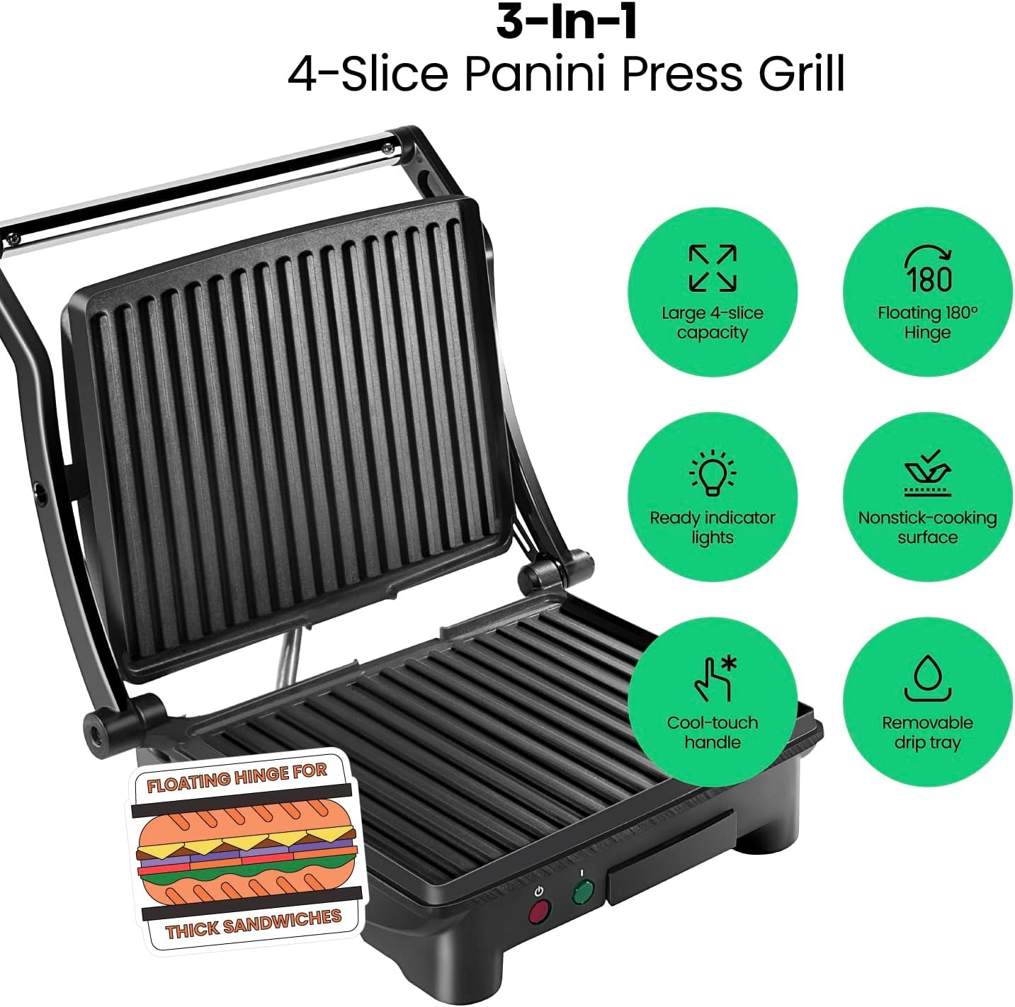image:imageChefman Panini Press Grill and Gourmet Sandwich Maker NonStick Coated Plates Opens 180 Degrees to Fit Any Type or Size of Food Stainless Steel Surface and Removable Drip Tray 4 Slice Black4 Slice  Standard Pack of 2