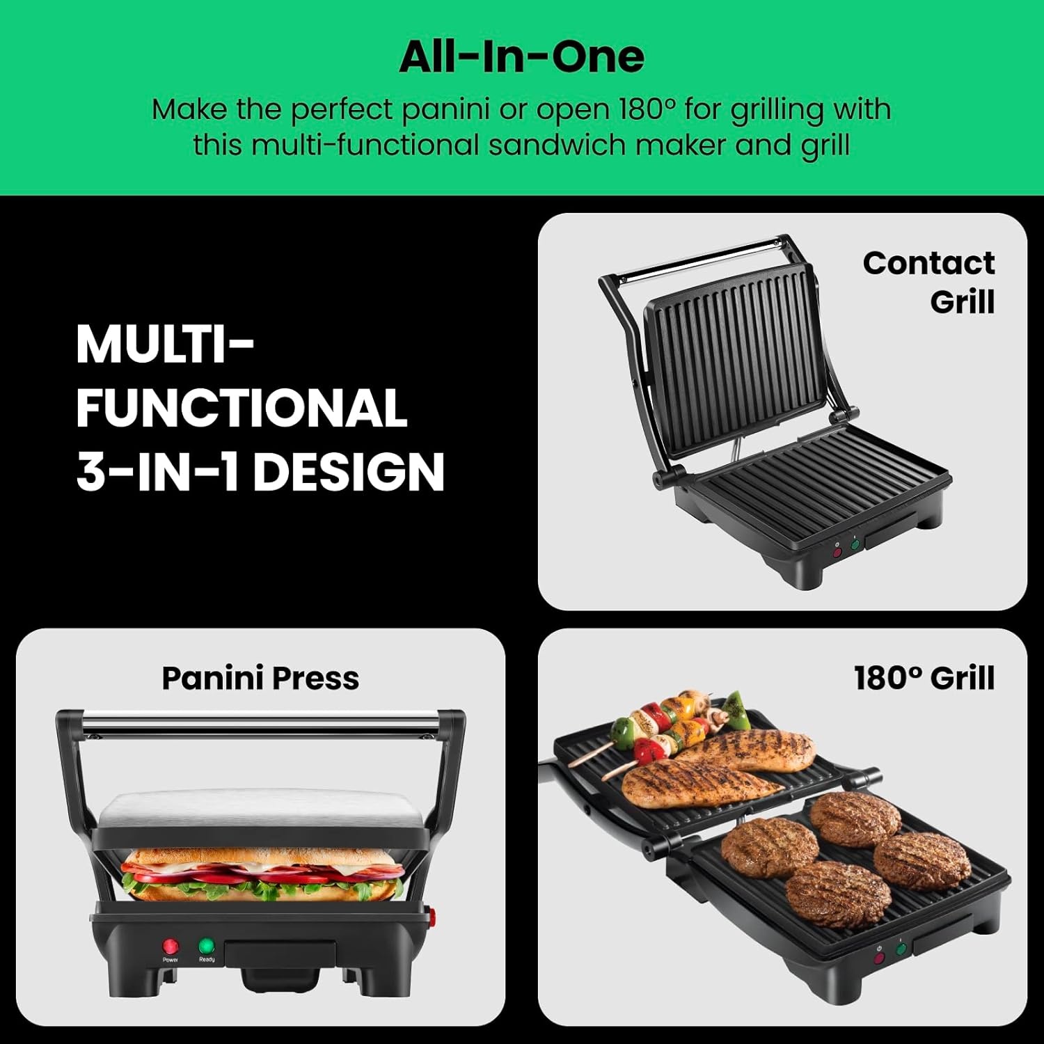 image:imageChefman Panini Press Grill and Gourmet Sandwich Maker NonStick Coated Plates Opens 180 Degrees to Fit Any Type or Size of Food Stainless Steel Surface and Removable Drip Tray 4 Slice Black4 Slice  Standard