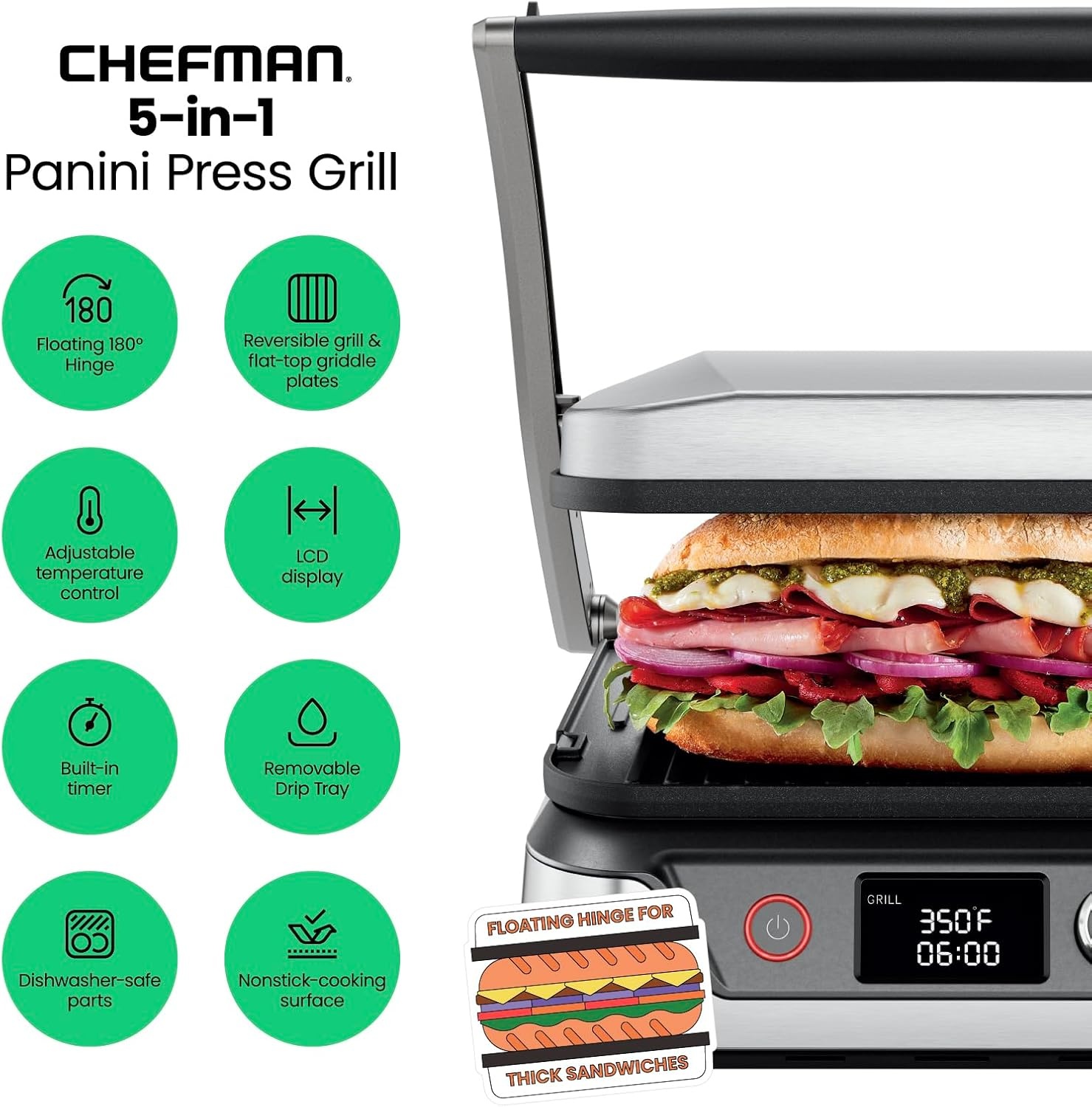 image:imageChefman Panini Press Grill and Gourmet Sandwich Maker NonStick Coated Plates Opens 180 Degrees to Fit Any Type or Size of Food Stainless Steel Surface and Removable Drip Tray 4 Slice Black4 Slice  Digital