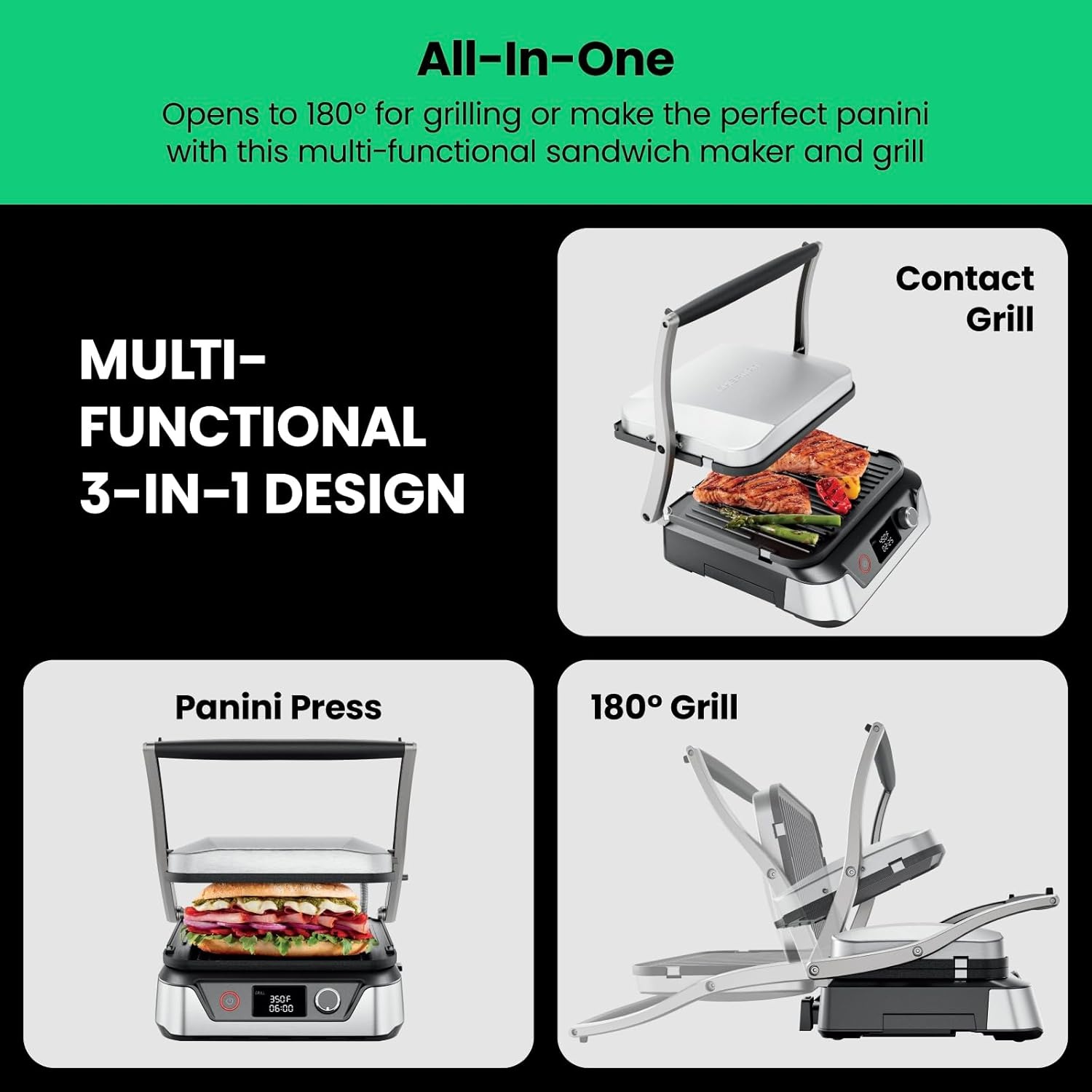 image:imageChefman Panini Press Grill and Gourmet Sandwich Maker NonStick Coated Plates Opens 180 Degrees to Fit Any Type or Size of Food Stainless Steel Surface and Removable Drip Tray 4 Slice Black4 Slice  Digital