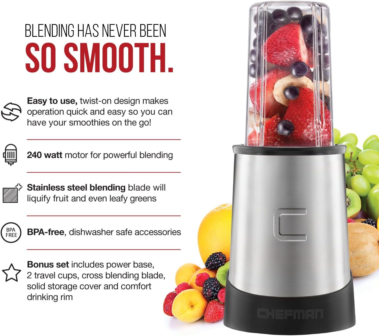 image:imageChefman Personal Ultimate Kitchen Blender Quick Portable Blending of Shakes Smoothies Baby Food amp Juice 2 Travel Cups Cover amp Drinking Rim 6Piece Set DishwasherSafe StainlessSteel Blade