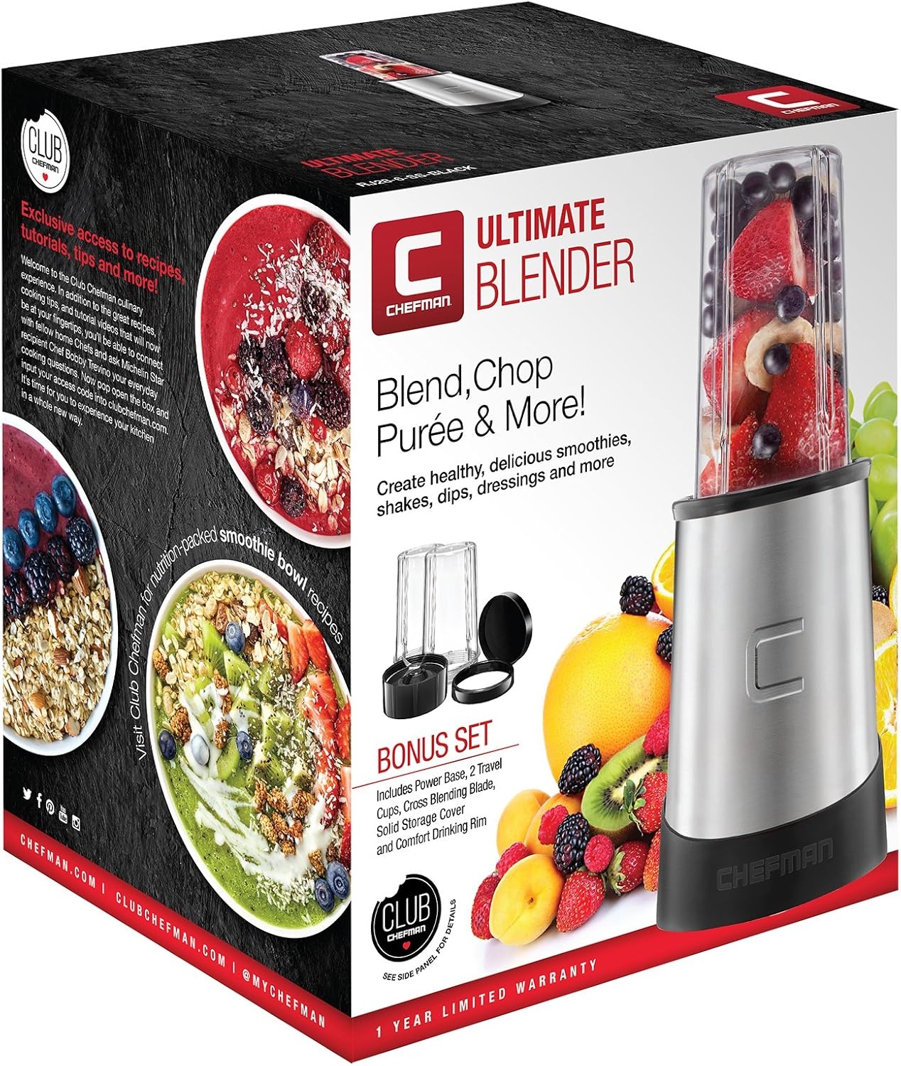 image:imageChefman Personal Ultimate Kitchen Blender Quick Portable Blending of Shakes Smoothies Baby Food amp Juice 2 Travel Cups Cover amp Drinking Rim 6Piece Set DishwasherSafe StainlessSteel Blade