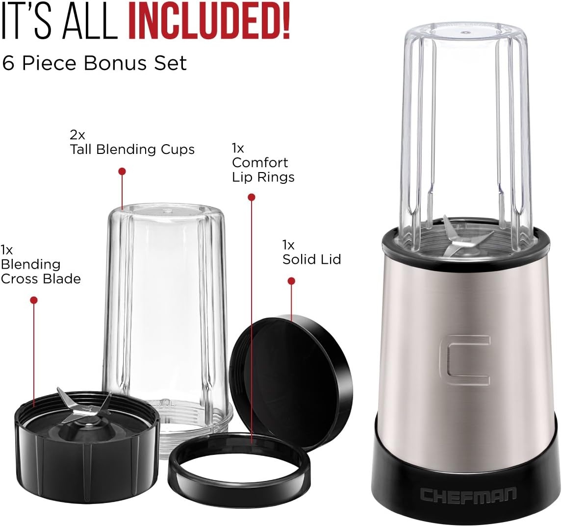 image:imageChefman Personal Ultimate Kitchen Blender Quick Portable Blending of Shakes Smoothies Baby Food amp Juice 2 Travel Cups Cover amp Drinking Rim 6Piece Set DishwasherSafe StainlessSteel Blade