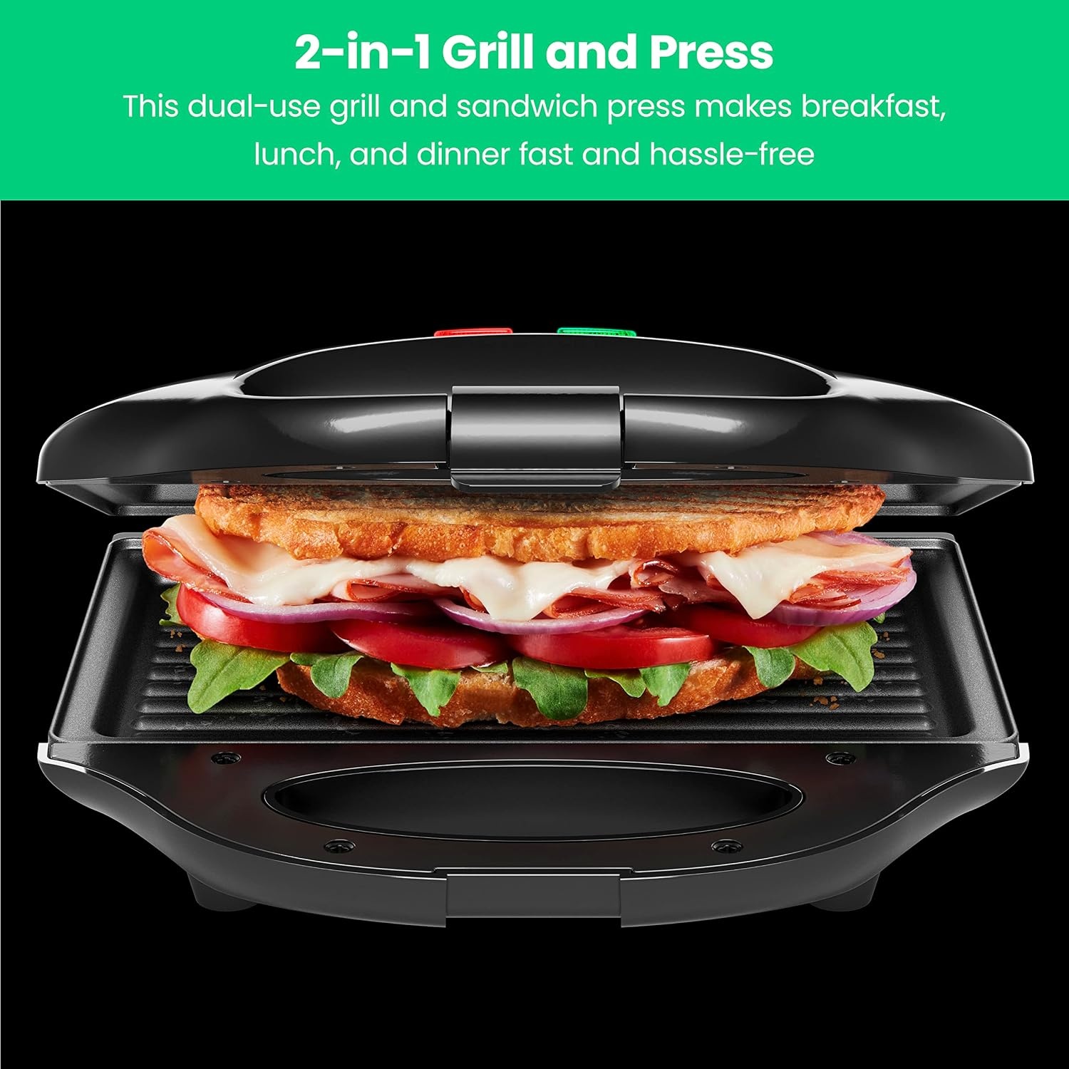 image:imageChefman Portable Sandwich Maker Compact Nonstick Electric Omelet Maker Panini Press Pocket Sandwich Press and Quesadilla Maker with Indicator Lights Locking Lid and Cord StorageBlack