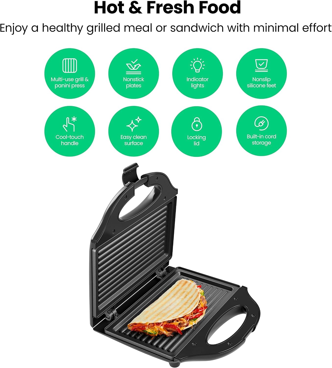 image:imageChefman Portable Sandwich Maker Compact Nonstick Electric Omelet Maker Panini Press Pocket Sandwich Press and Quesadilla Maker with Indicator Lights Locking Lid and Cord StorageBlack