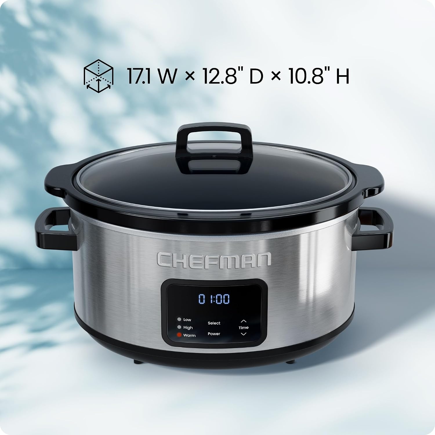 image:imageChefman Slow Cooker 7 Quart Large Family Size Programmable Digital Slow Cooker with 24Hour Timer Low High amp Warm Settings Ceramic Crock Tempered Glass Lid DishwasherSafe Stainless Steel7 Quart