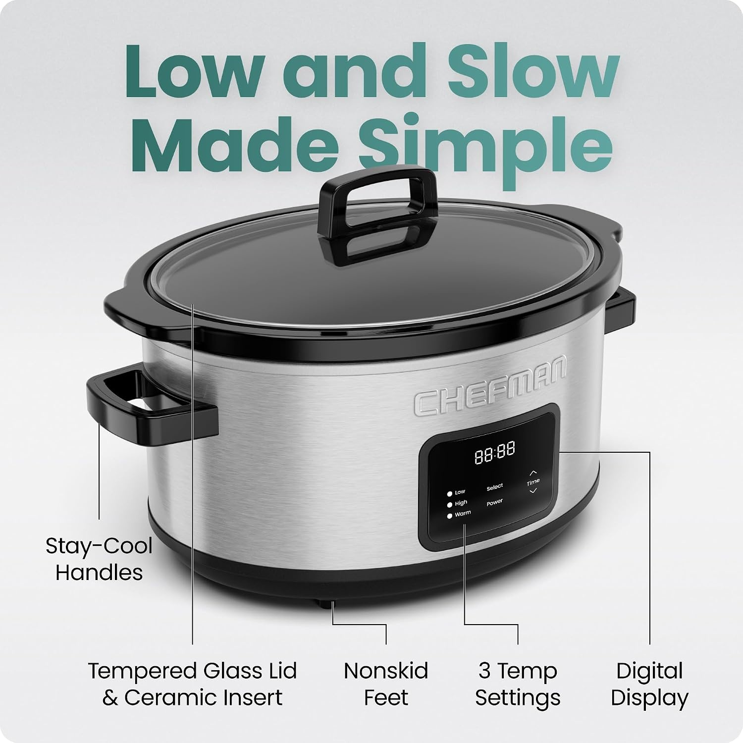 image:imageChefman Slow Cooker 7 Quart Large Family Size Programmable Digital Slow Cooker with 24Hour Timer Low High amp Warm Settings Ceramic Crock Tempered Glass Lid DishwasherSafe Stainless Steel7 Quart