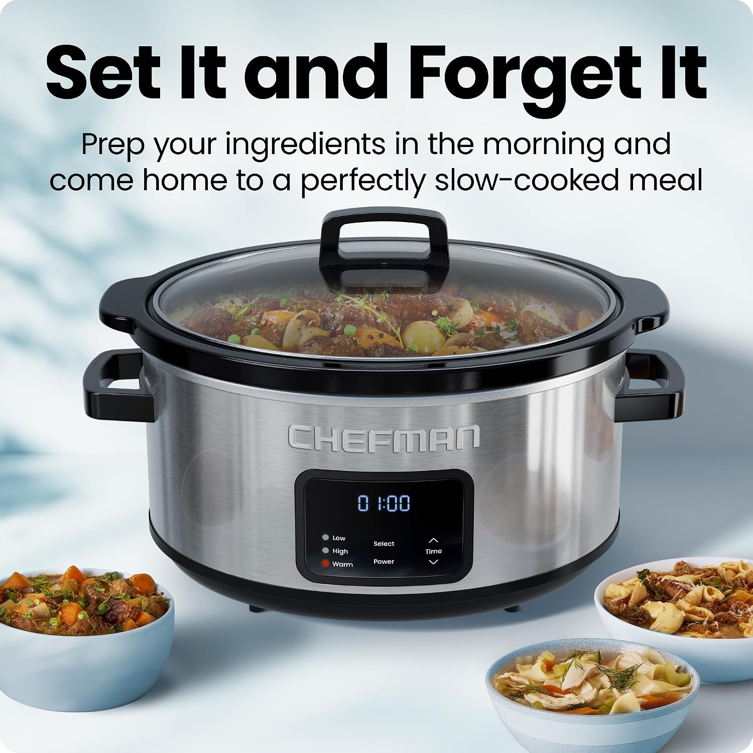 image:imageChefman Slow Cooker 7 Quart Large Family Size Programmable Digital Slow Cooker with 24Hour Timer Low High amp Warm Settings Ceramic Crock Tempered Glass Lid DishwasherSafe Stainless Steel7 Quart