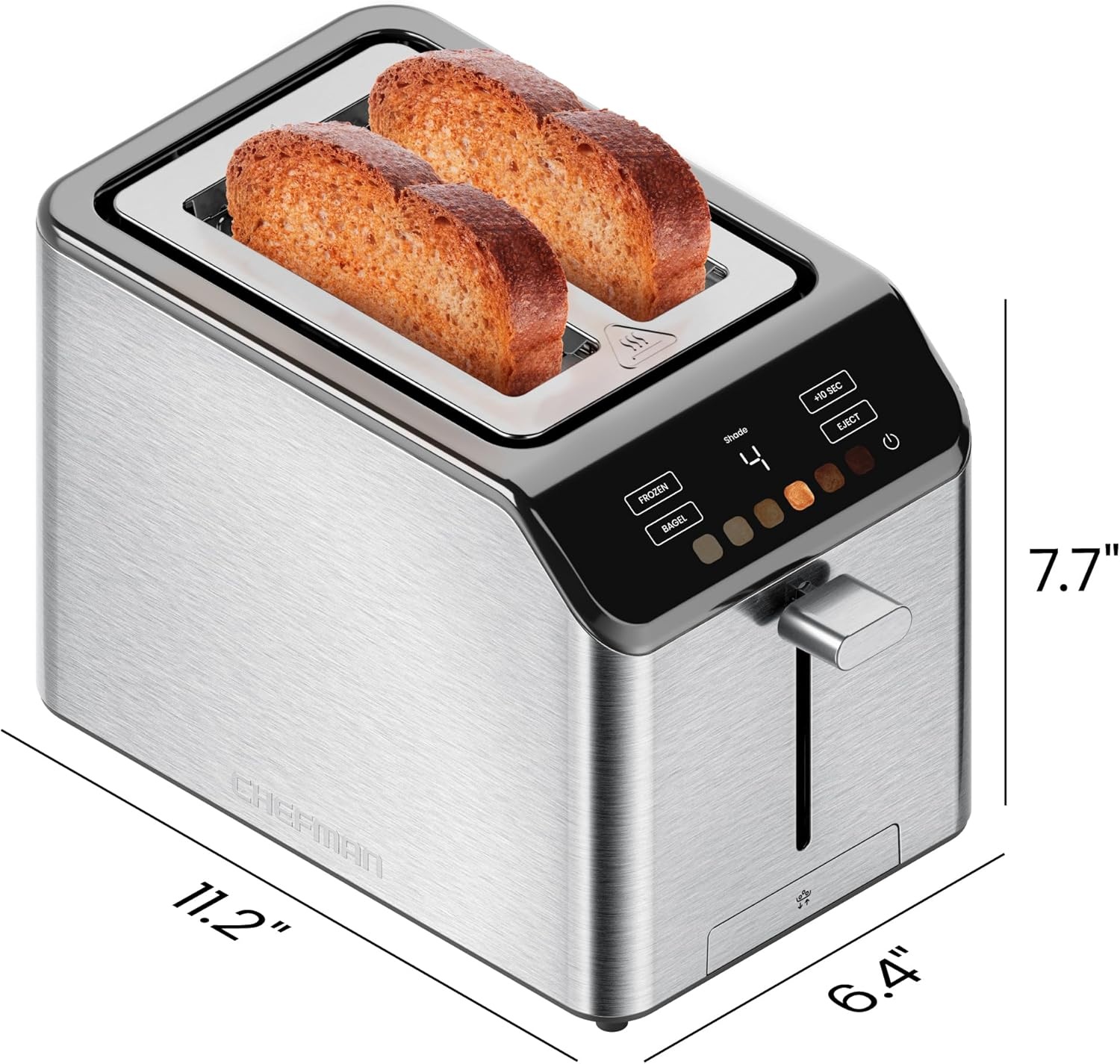 image:imageChefman Smart Touch 4 Slice Digital Toaster 6 Shade Settings Touchscreen Bagel Toaster 4 Slice with ExtraWide Slots 10 Seconds Defrost Removable Crumb Tray Stainless SteelStainless Steel