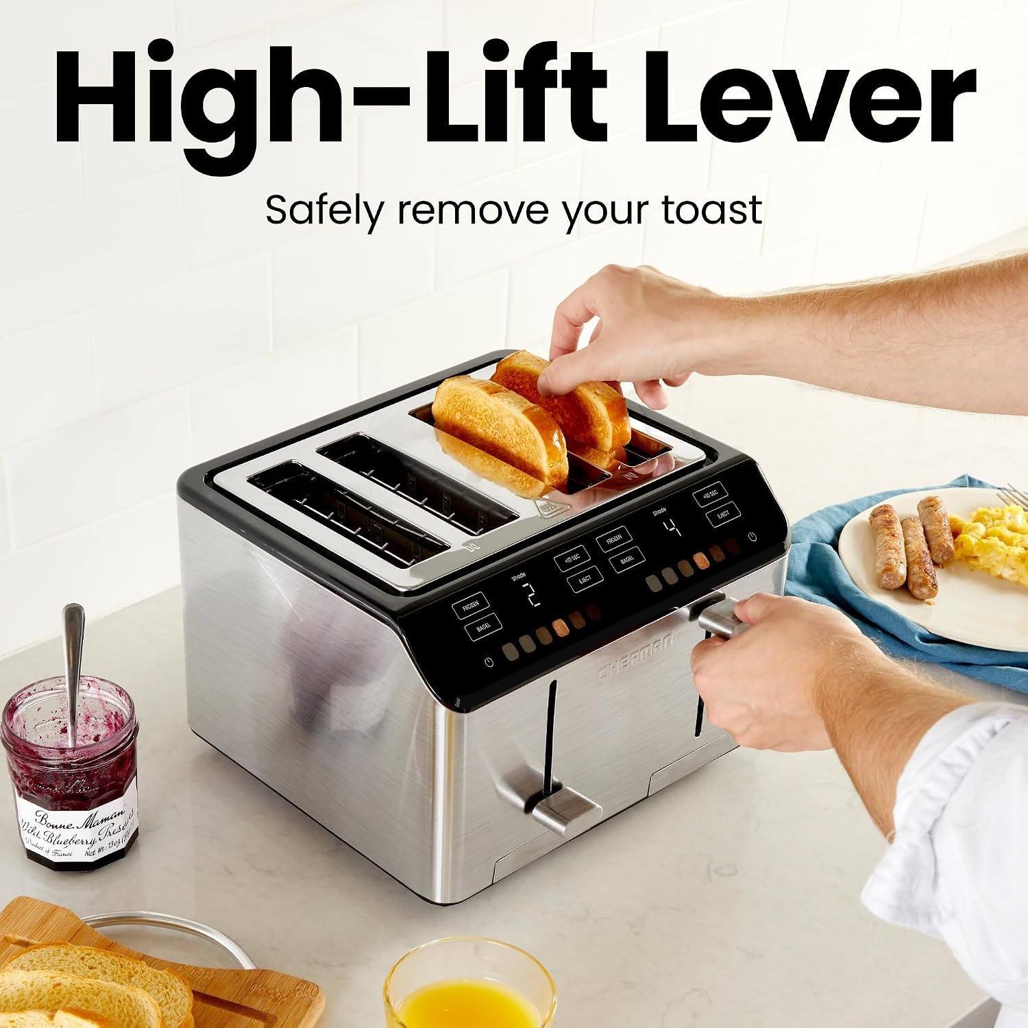 image:imageChefman Smart Touch 4 Slice Digital Toaster 6 Shade Settings Touchscreen Bagel Toaster 4 Slice with ExtraWide Slots 10 Seconds Defrost Removable Crumb Tray Stainless SteelStainless Steel