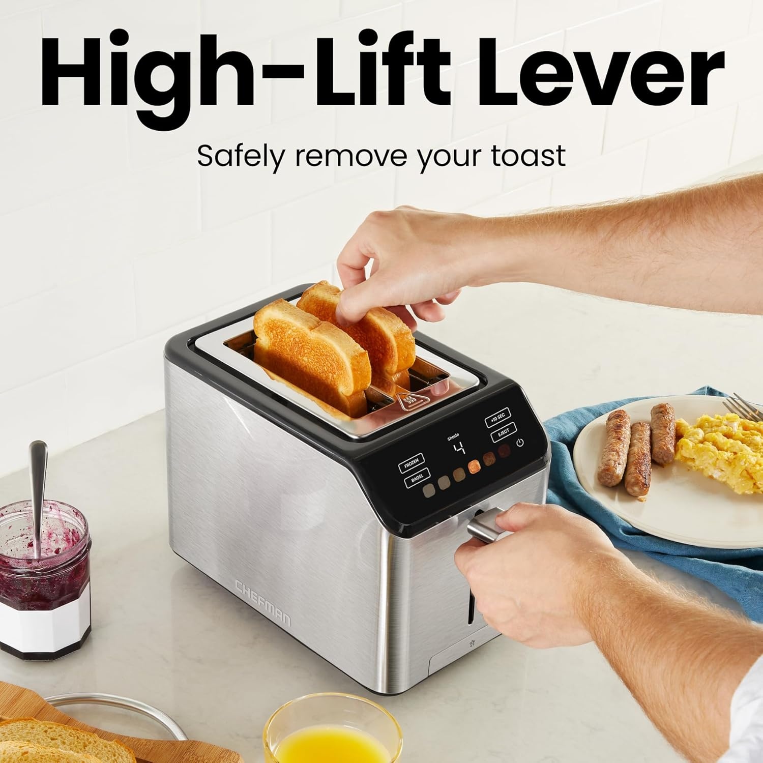 image:imageChefman Smart Touch 4 Slice Digital Toaster 6 Shade Settings Touchscreen Bagel Toaster 4 Slice with ExtraWide Slots 10 Seconds Defrost Removable Crumb Tray Stainless SteelStainless Steel