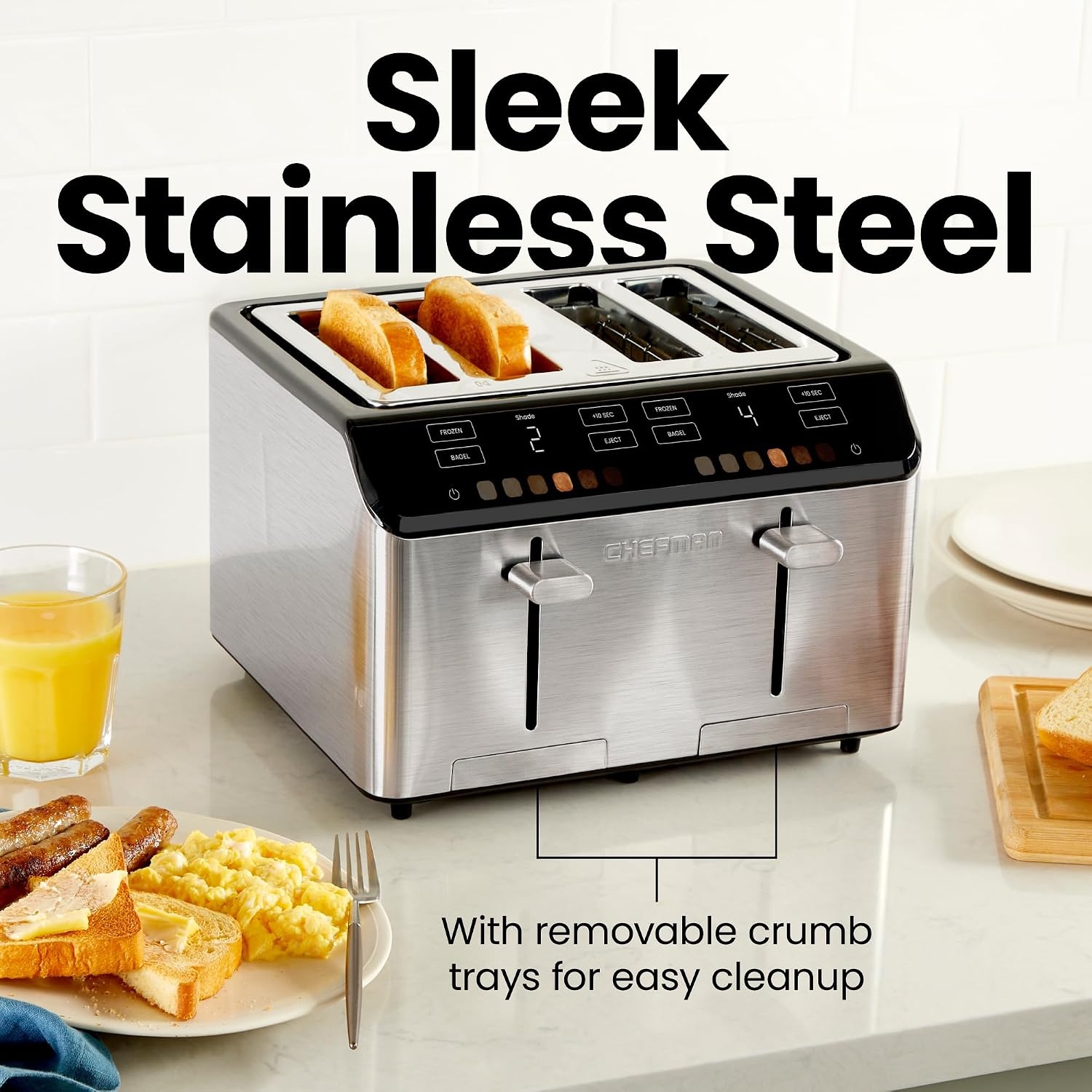image:imageChefman Smart Touch 4 Slice Digital Toaster 6 Shade Settings Touchscreen Bagel Toaster 4 Slice with ExtraWide Slots 10 Seconds Defrost Removable Crumb Tray Stainless SteelStainless Steel
