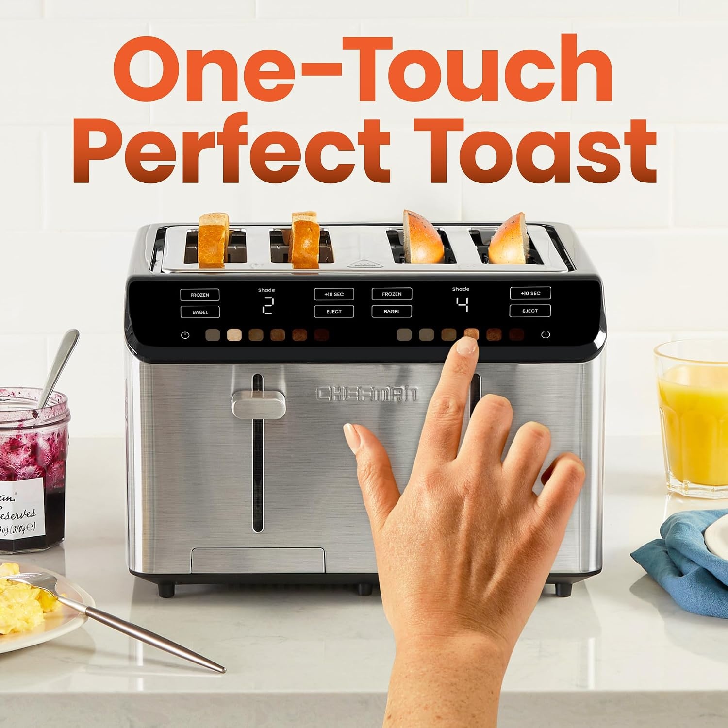 image:imageChefman Smart Touch 4 Slice Digital Toaster 6 Shade Settings Touchscreen Bagel Toaster 4 Slice with ExtraWide Slots 10 Seconds Defrost Removable Crumb Tray Stainless SteelStainless Steel