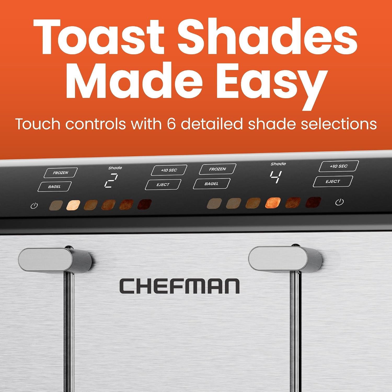 image:imageChefman Smart Touch 4 Slice Digital Toaster 6 Shade Settings Touchscreen Bagel Toaster 4 Slice with ExtraWide Slots 10 Seconds Defrost Removable Crumb Tray Stainless SteelStainless Steel