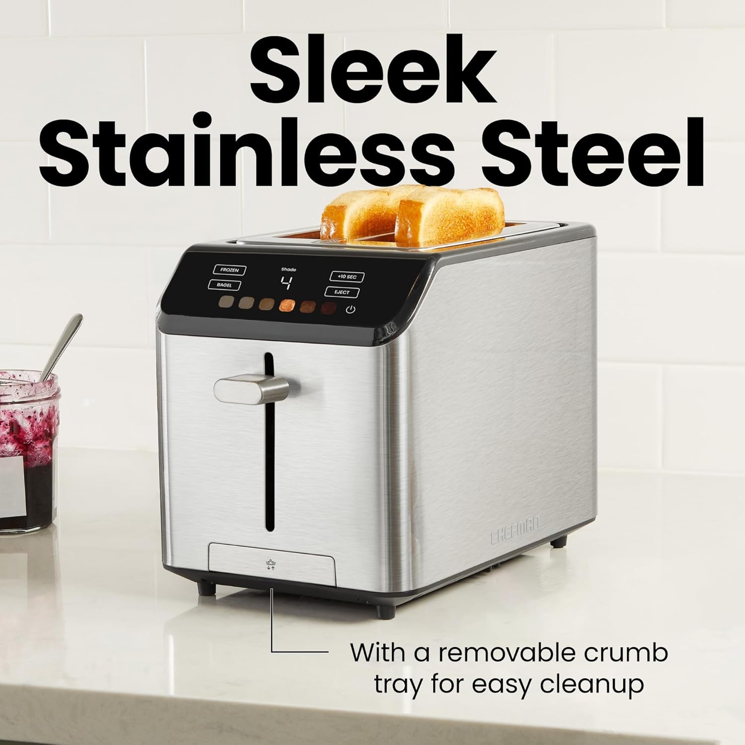 image:imageChefman Smart Touch 4 Slice Digital Toaster 6 Shade Settings Touchscreen Bagel Toaster 4 Slice with ExtraWide Slots 10 Seconds Defrost Removable Crumb Tray Stainless SteelStainless Steel