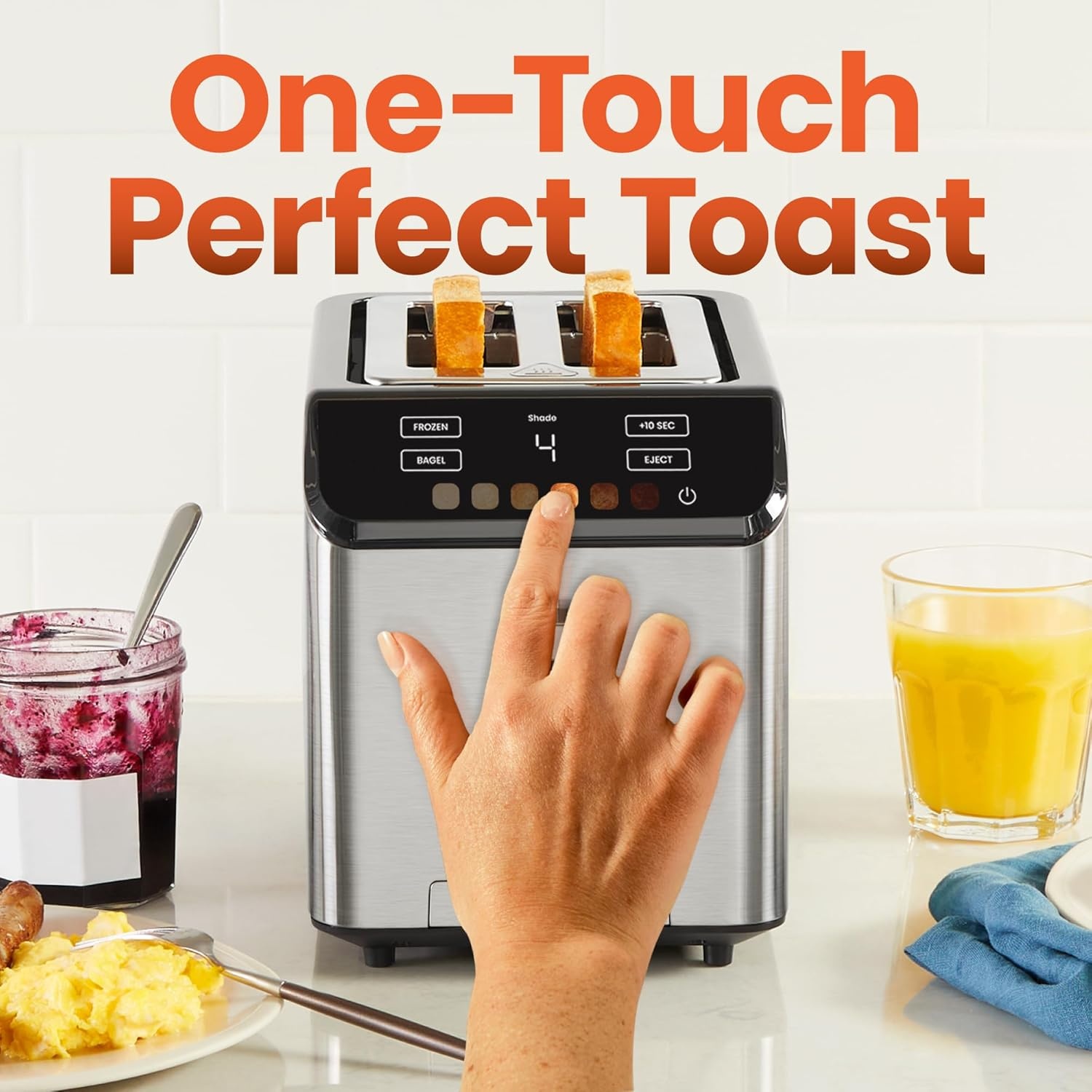 image:imageChefman Smart Touch 4 Slice Digital Toaster 6 Shade Settings Touchscreen Bagel Toaster 4 Slice with ExtraWide Slots 10 Seconds Defrost Removable Crumb Tray Stainless SteelStainless Steel