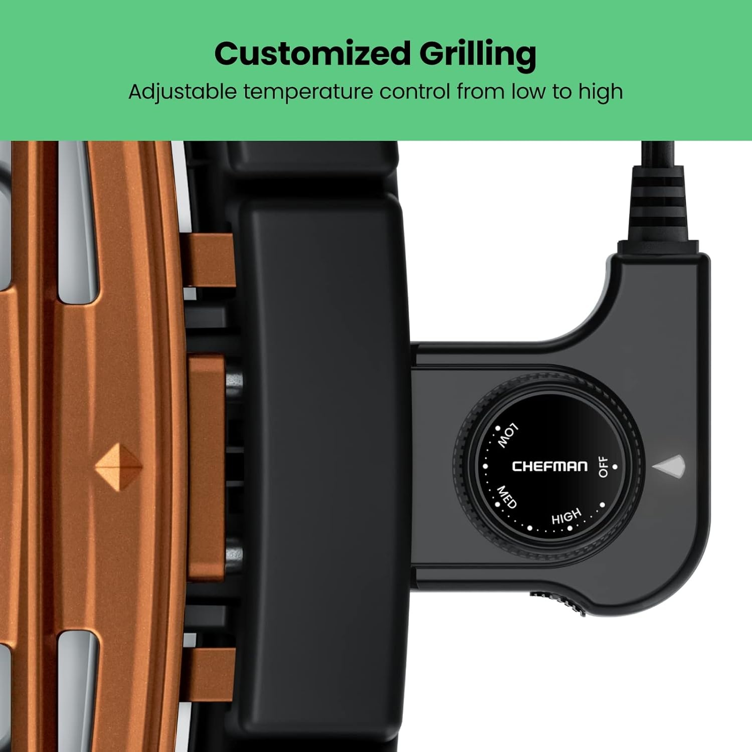 image:imageChefman Smokeless Indoor Electric Grill Copper Extra Large Nonstick Table Top Grill for Indoor Grilling and BBQ with Adjustable Temperature Control Nonstick DishwasherSafe Parts 9 x 15