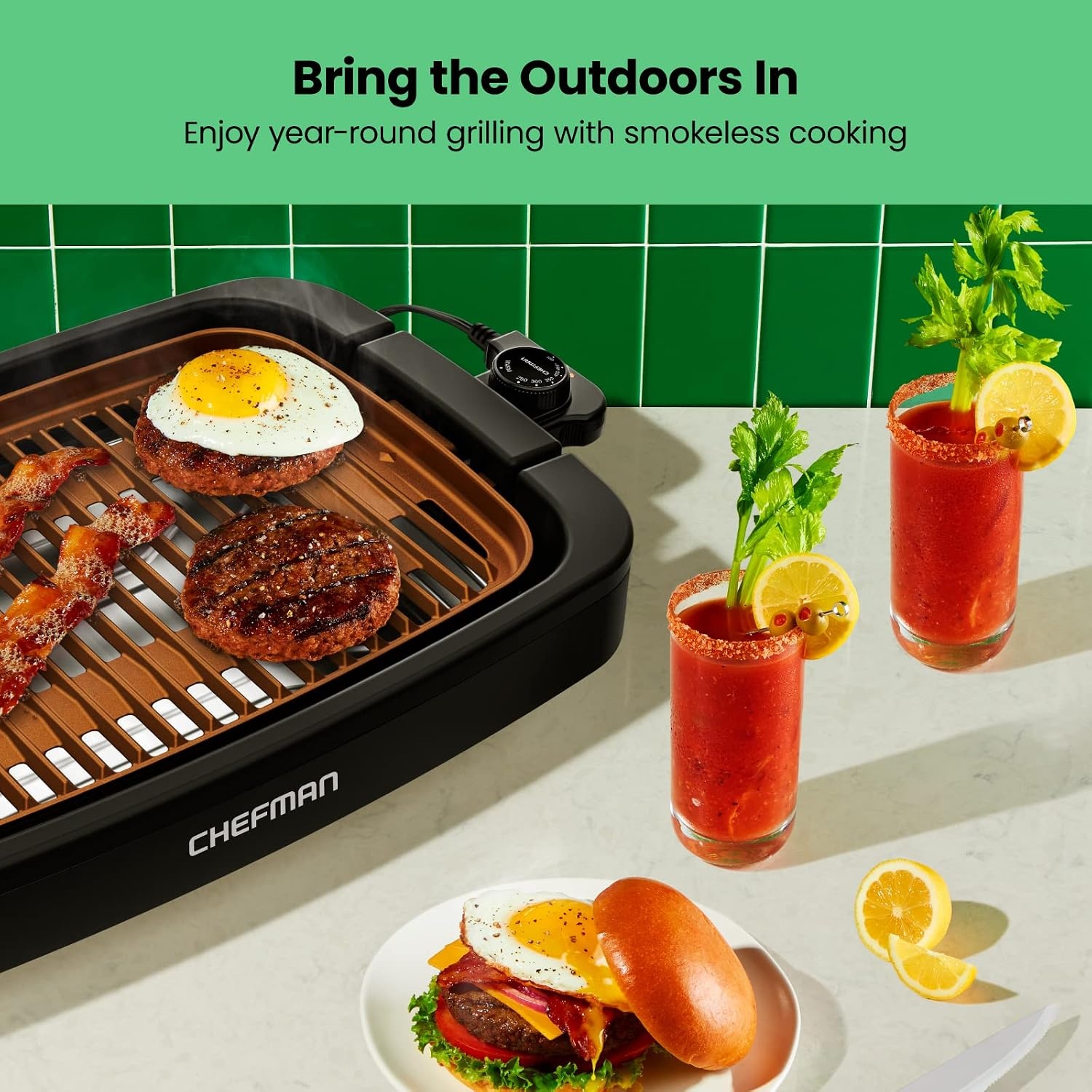 image:imageChefman Smokeless Indoor Electric Grill Copper Extra Large Nonstick Table Top Grill for Indoor Grilling and BBQ with Adjustable Temperature Control Nonstick DishwasherSafe Parts 9 x 15