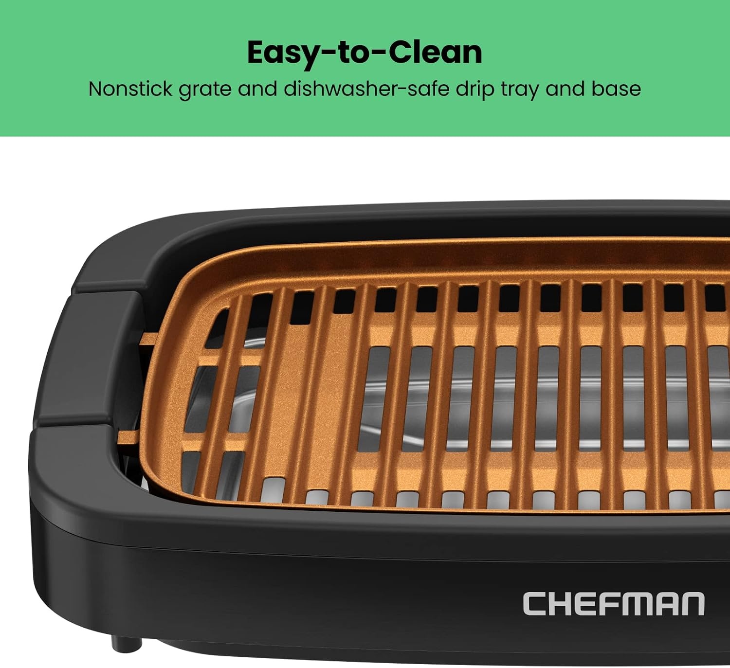 image:imageChefman Smokeless Indoor Electric Grill Copper Extra Large Nonstick Table Top Grill for Indoor Grilling and BBQ with Adjustable Temperature Control Nonstick DishwasherSafe Parts 9 x 15