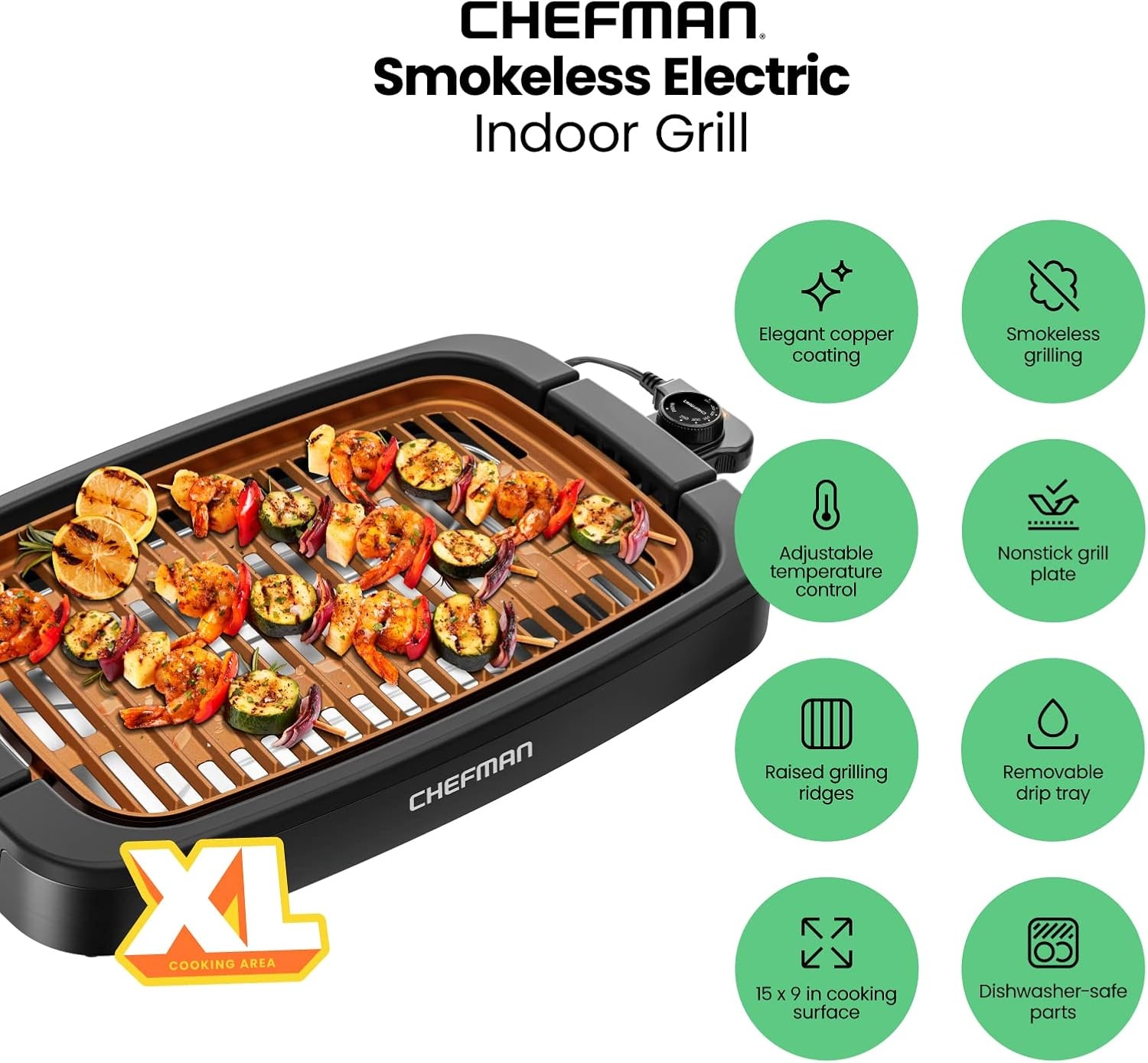 image:imageChefman Smokeless Indoor Electric Grill Copper Extra Large Nonstick Table Top Grill for Indoor Grilling and BBQ with Adjustable Temperature Control Nonstick DishwasherSafe Parts 9 x 15