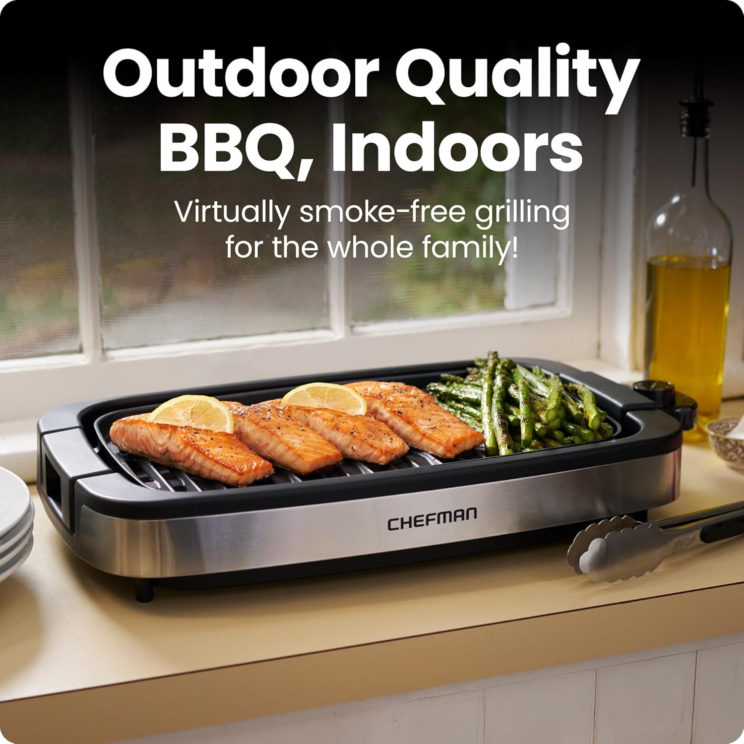 image:imageChefman Smokeless Indoor Electric Grill Extra Large Grilling Surface Nonstick Table Top Grill for Indoor Grilling and BBQ with Adjustable Temperature Control Drip Tray DishwasherSafe Parts