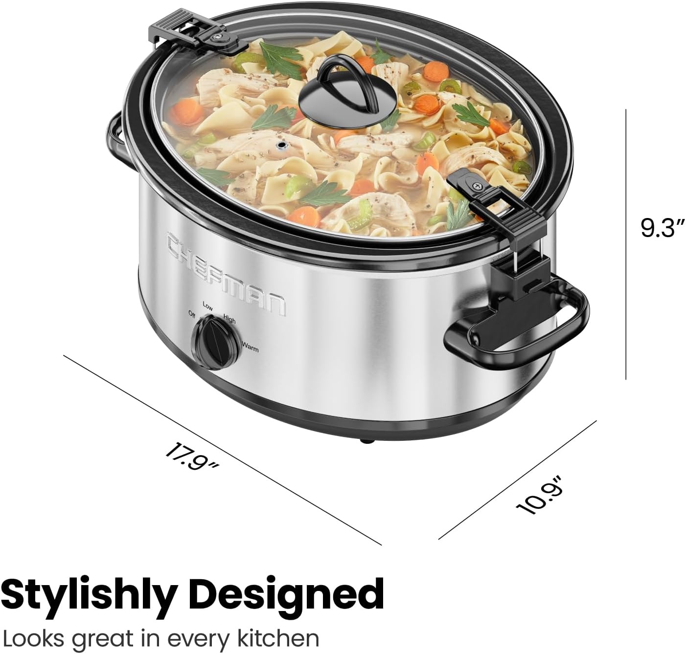 image:imageChefman Triple Slow Cooker amp Food Warmer Three Crock Slowcooker with 25 Qt Ceramic Crocks 75Quart Total Capacity PFASFree Three Temperature Settings DishwasherSafe Parts Stainless Steel6 Quarts