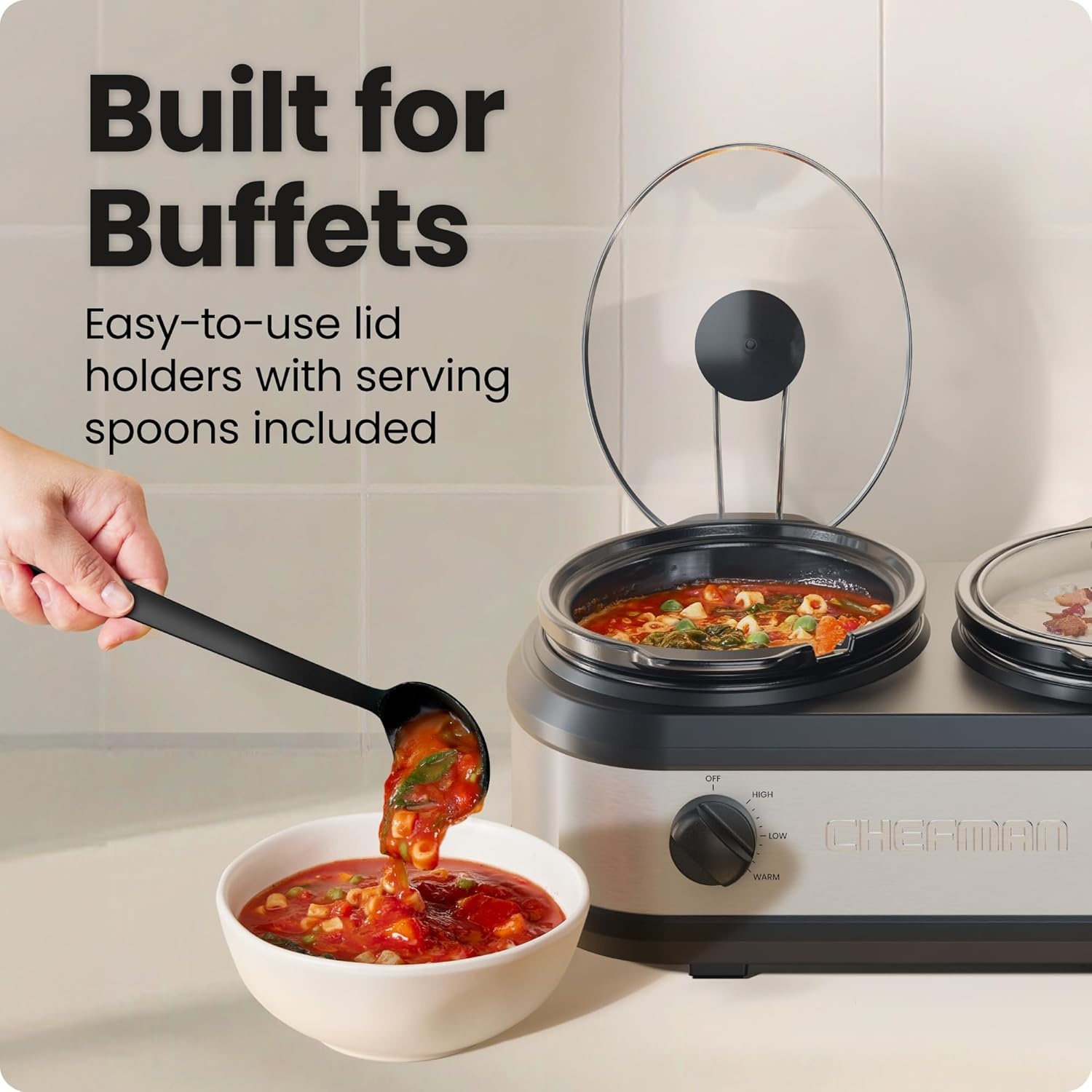image:imageChefman Triple Slow Cooker amp Food Warmer Three Crock Slowcooker with 25 Qt Ceramic Crocks 75Quart Total Capacity PFASFree Three Temperature Settings DishwasherSafe Parts Stainless Steel75 Quarts