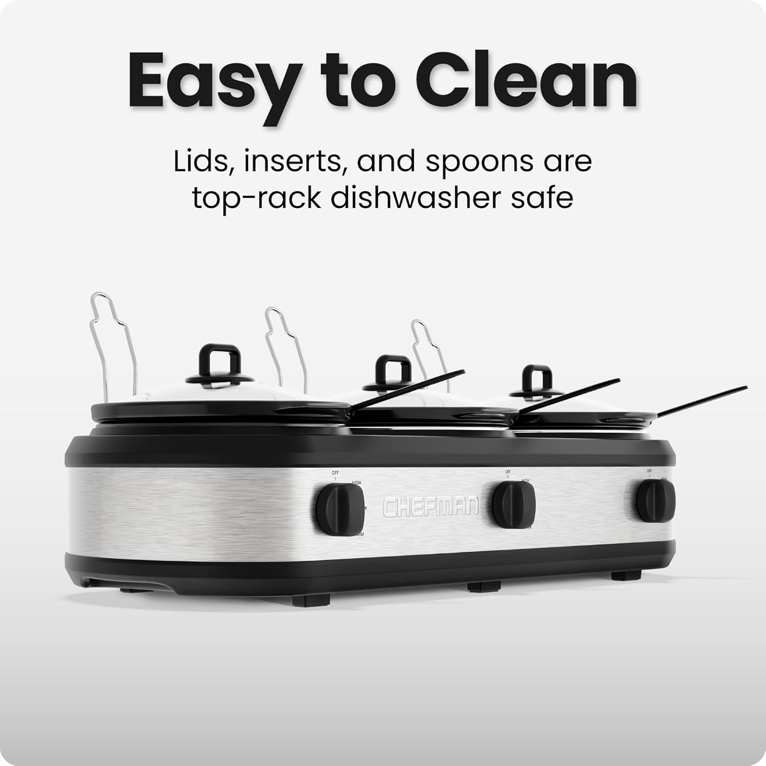 image:imageChefman Triple Slow Cooker amp Food Warmer Three Crock Slowcooker with 25 Qt Ceramic Crocks 75Quart Total Capacity PFASFree Three Temperature Settings DishwasherSafe Parts Stainless Steel75 Quarts