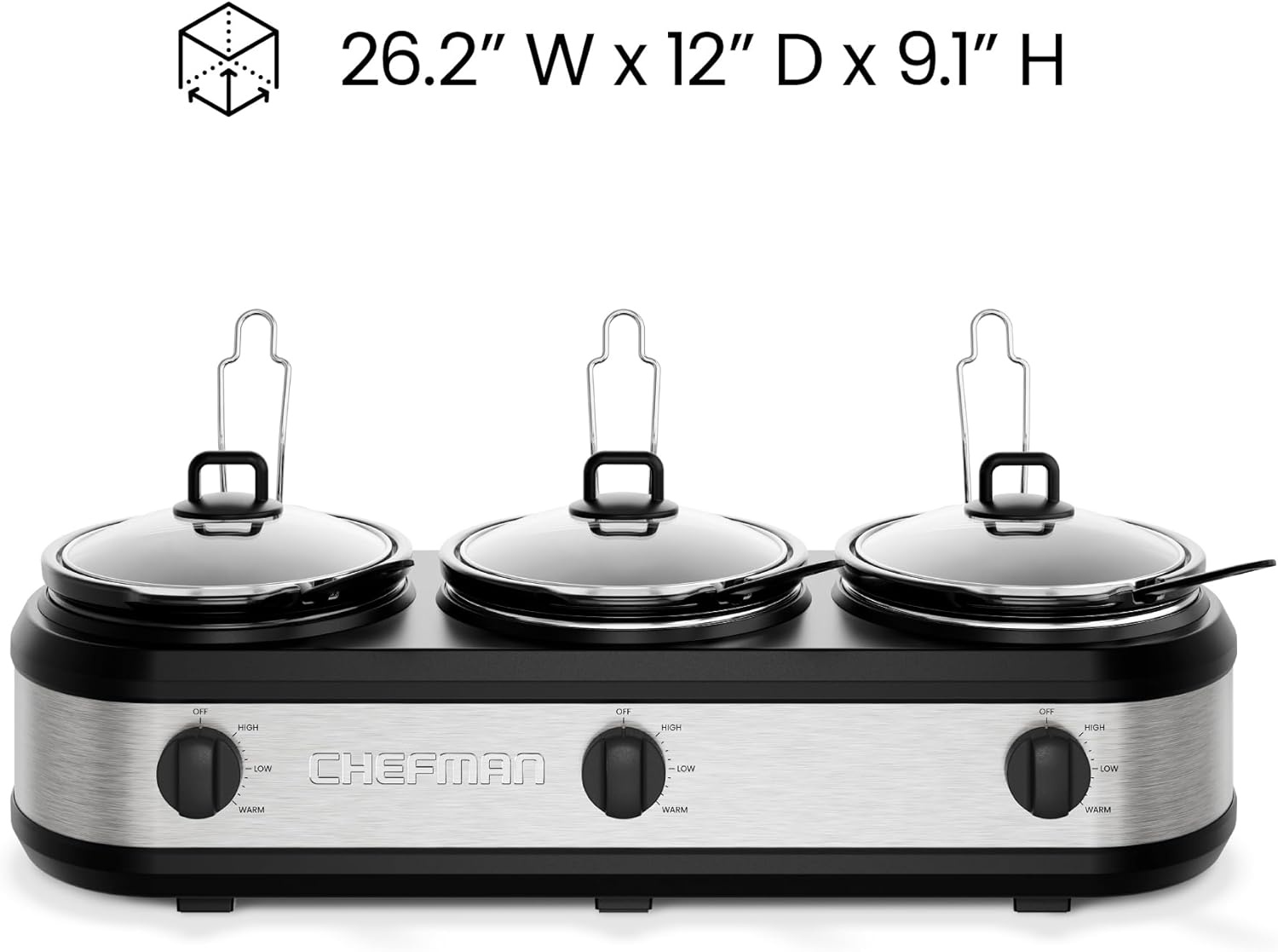 image:imageChefman Triple Slow Cooker amp Food Warmer Three Crock Slowcooker with 25 Qt Ceramic Crocks 75Quart Total Capacity PFASFree Three Temperature Settings DishwasherSafe Parts Stainless Steel75 Quarts